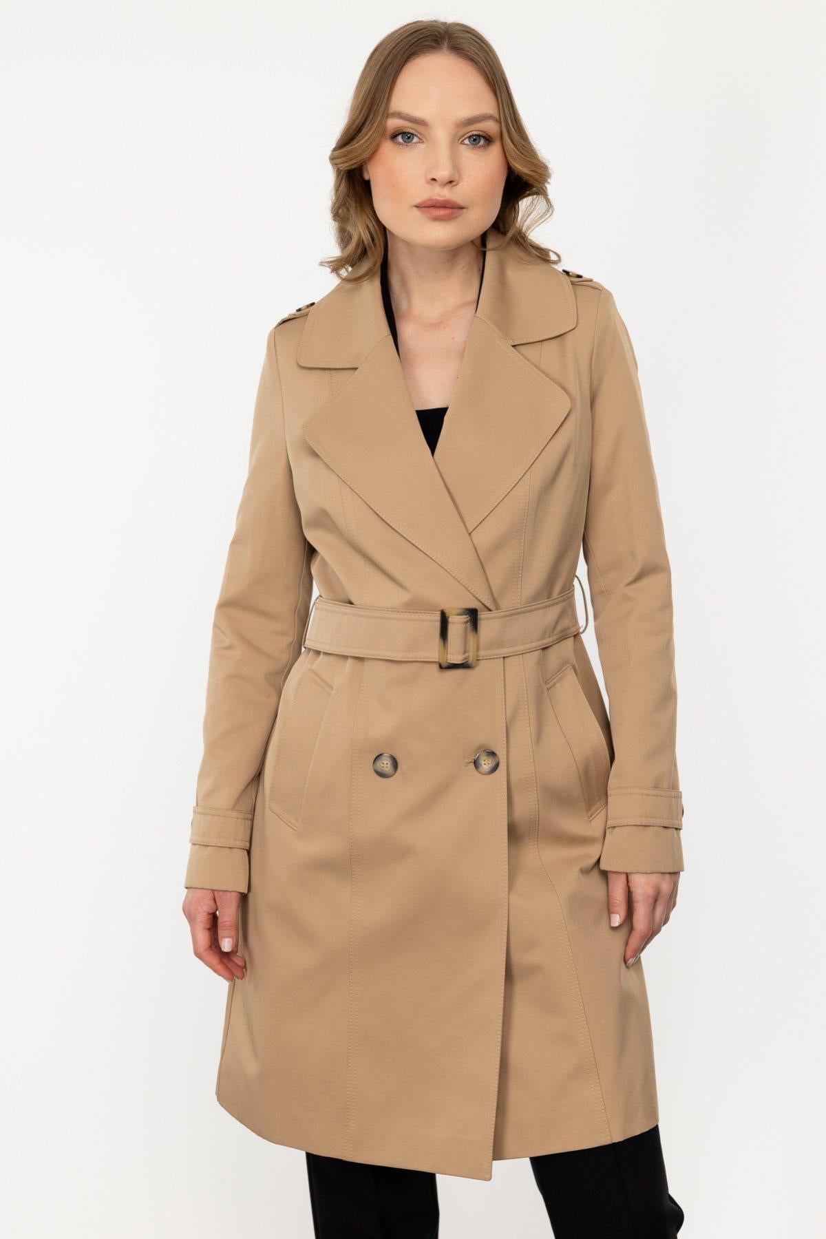 Beli Kemerli Düğmeli Trençkot
