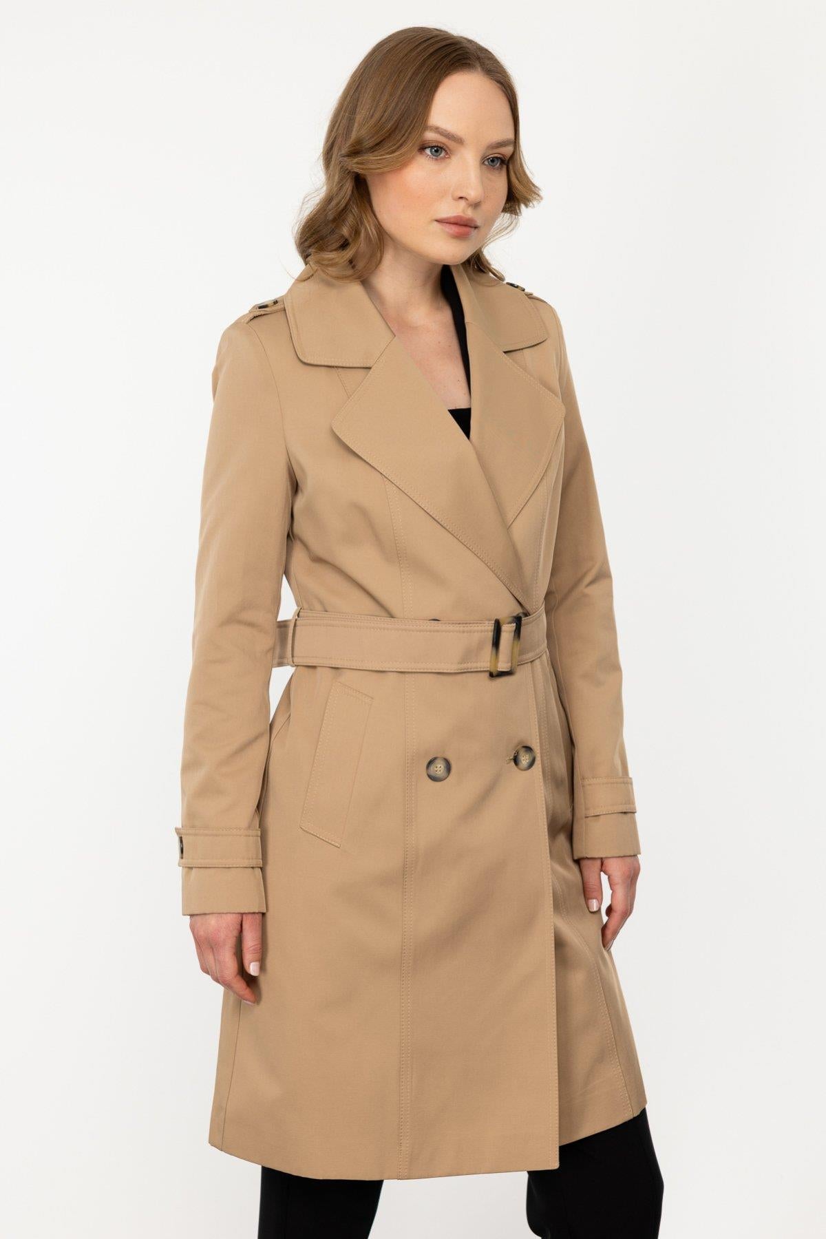 Beli Kemerli Düğmeli Trençkot