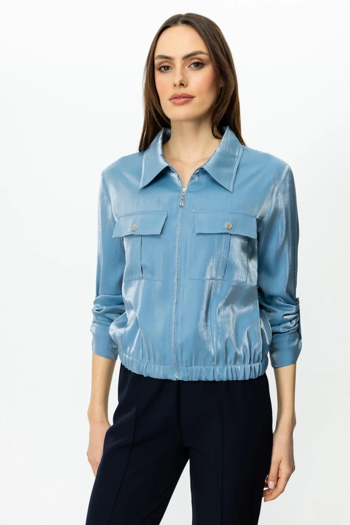 Shiny Fabric Double Pocket Coat with Folded Sleeves