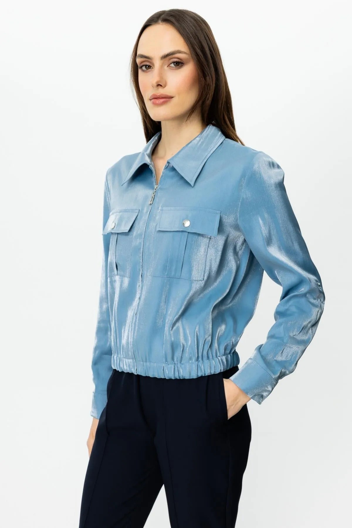 Shiny Fabric Double Pocket Coat with Folded Sleeves