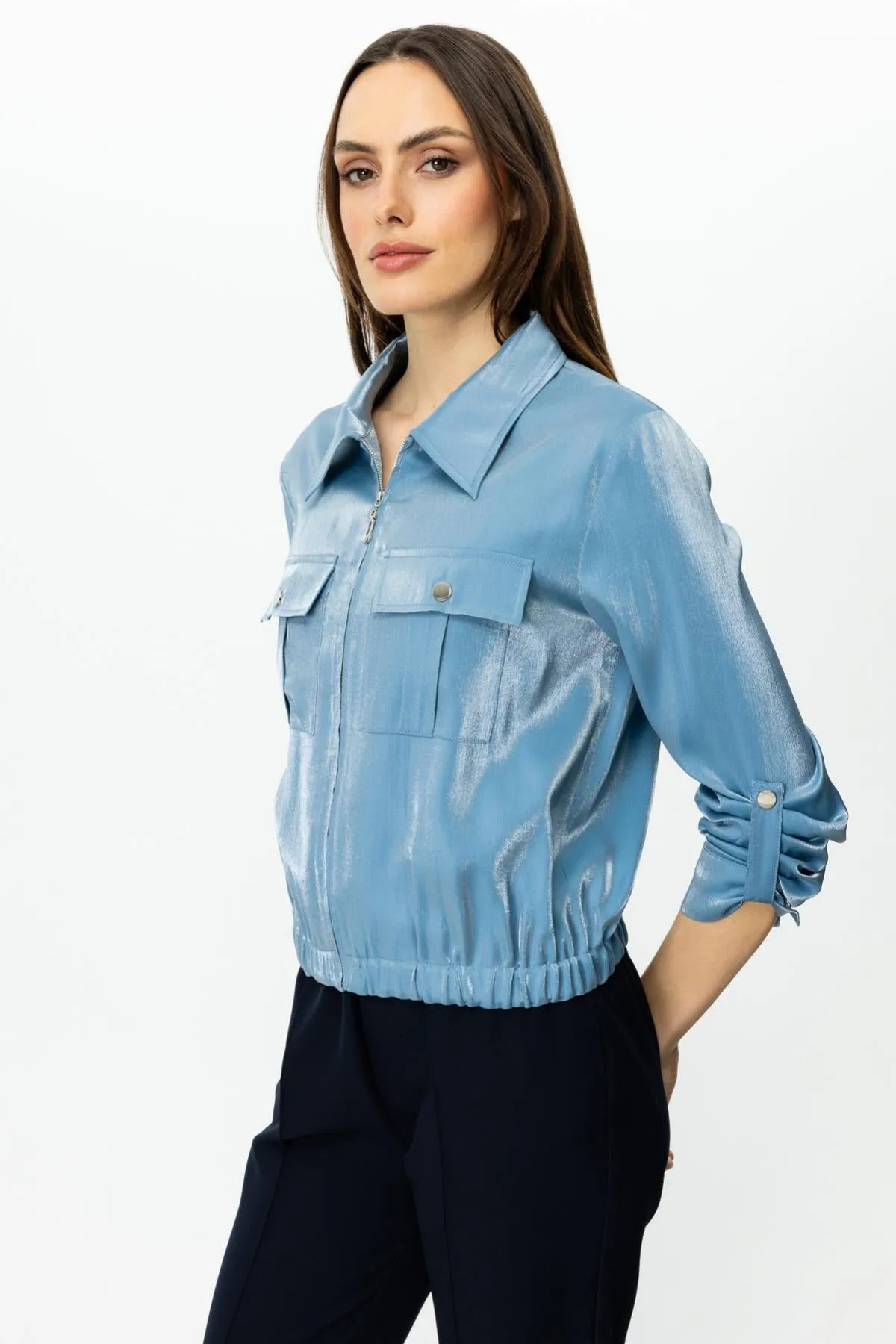 Shiny Fabric Double Pocket Coat with Folded Sleeves