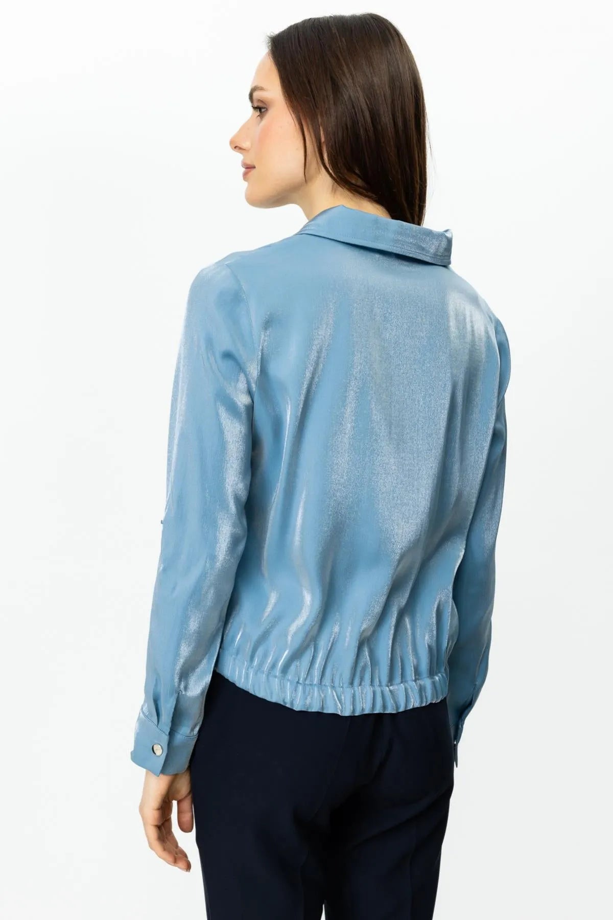 Shiny Fabric Double Pocket Coat with Folded Sleeves