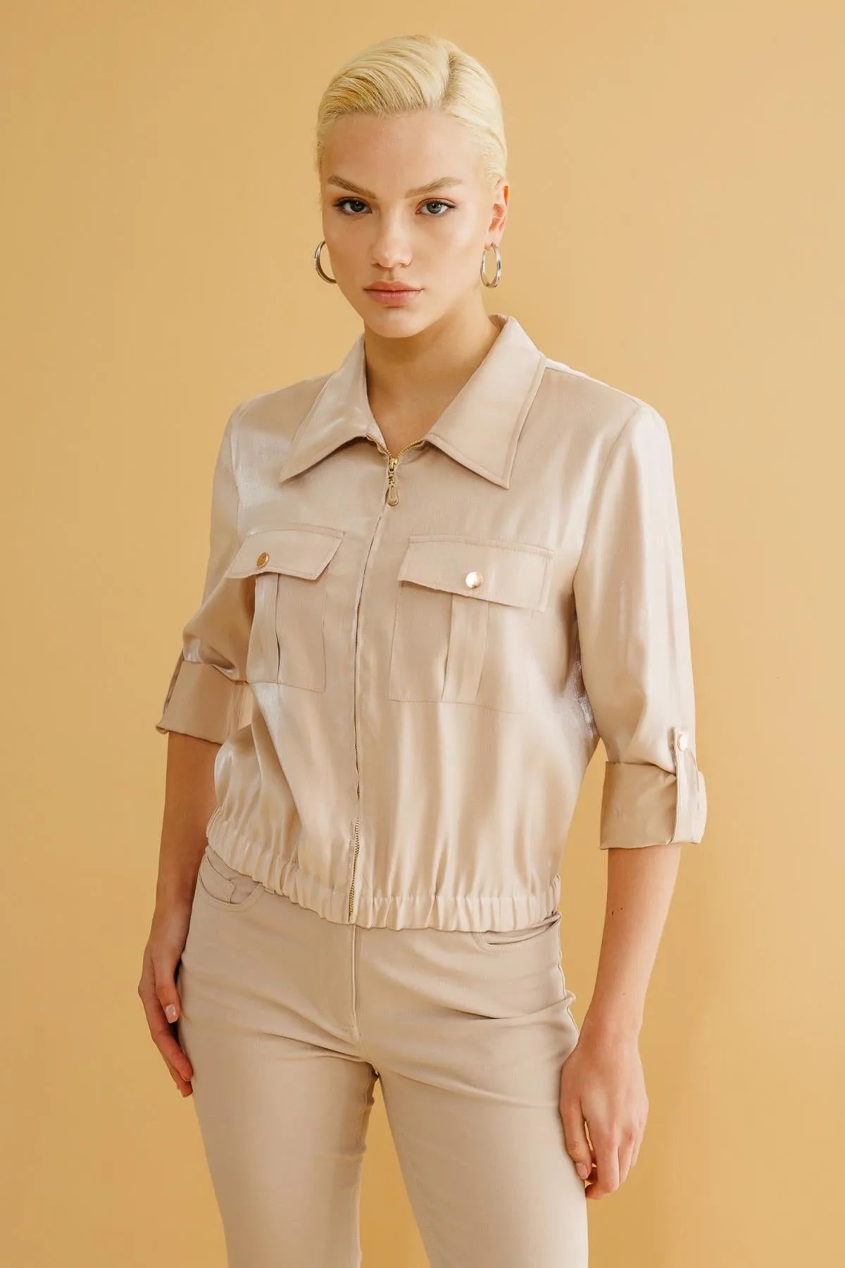 Shiny Fabric Double Pocket Coat with Folded Sleeves