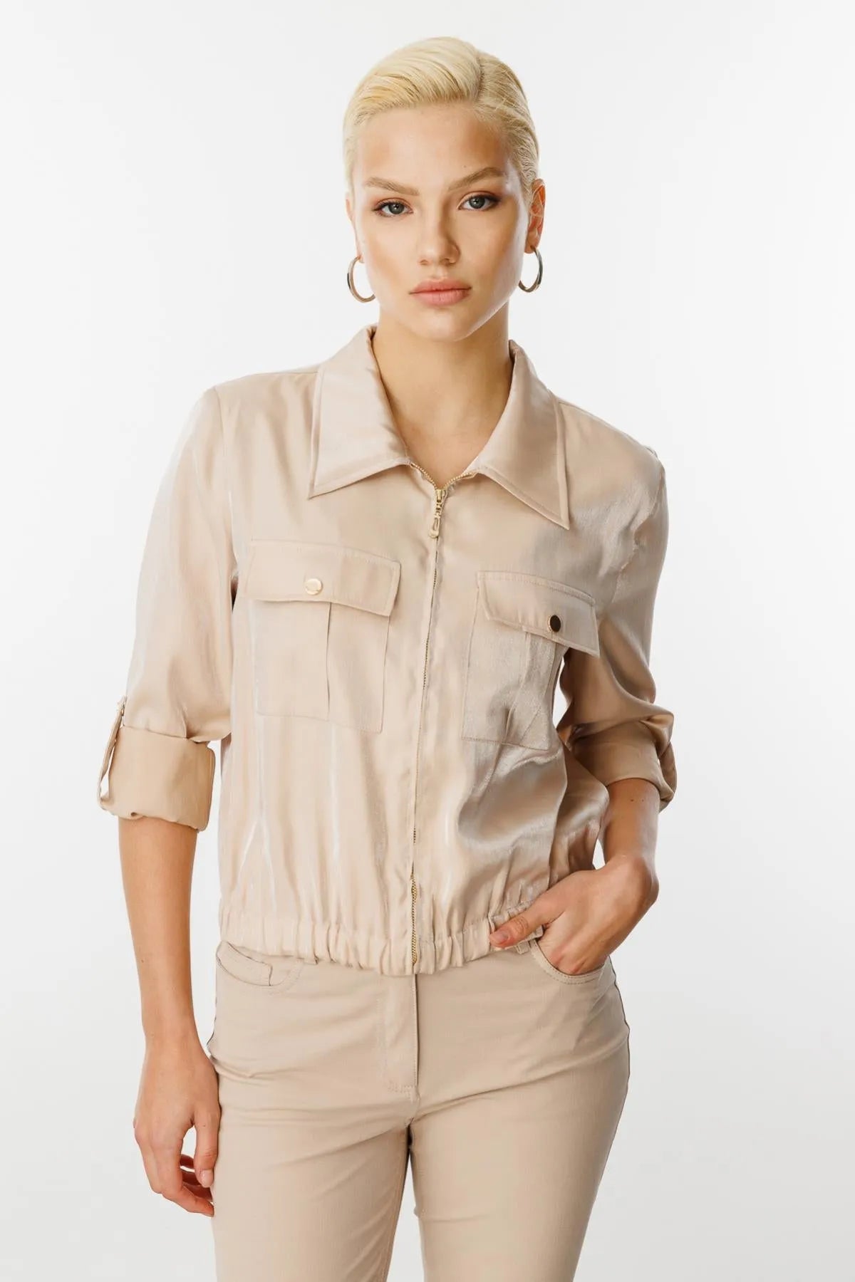 Shiny Fabric Double Pocket Coat with Folded Sleeves