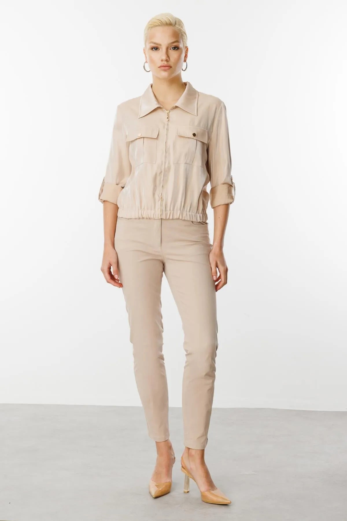 Shiny Fabric Double Pocket Coat with Folded Sleeves