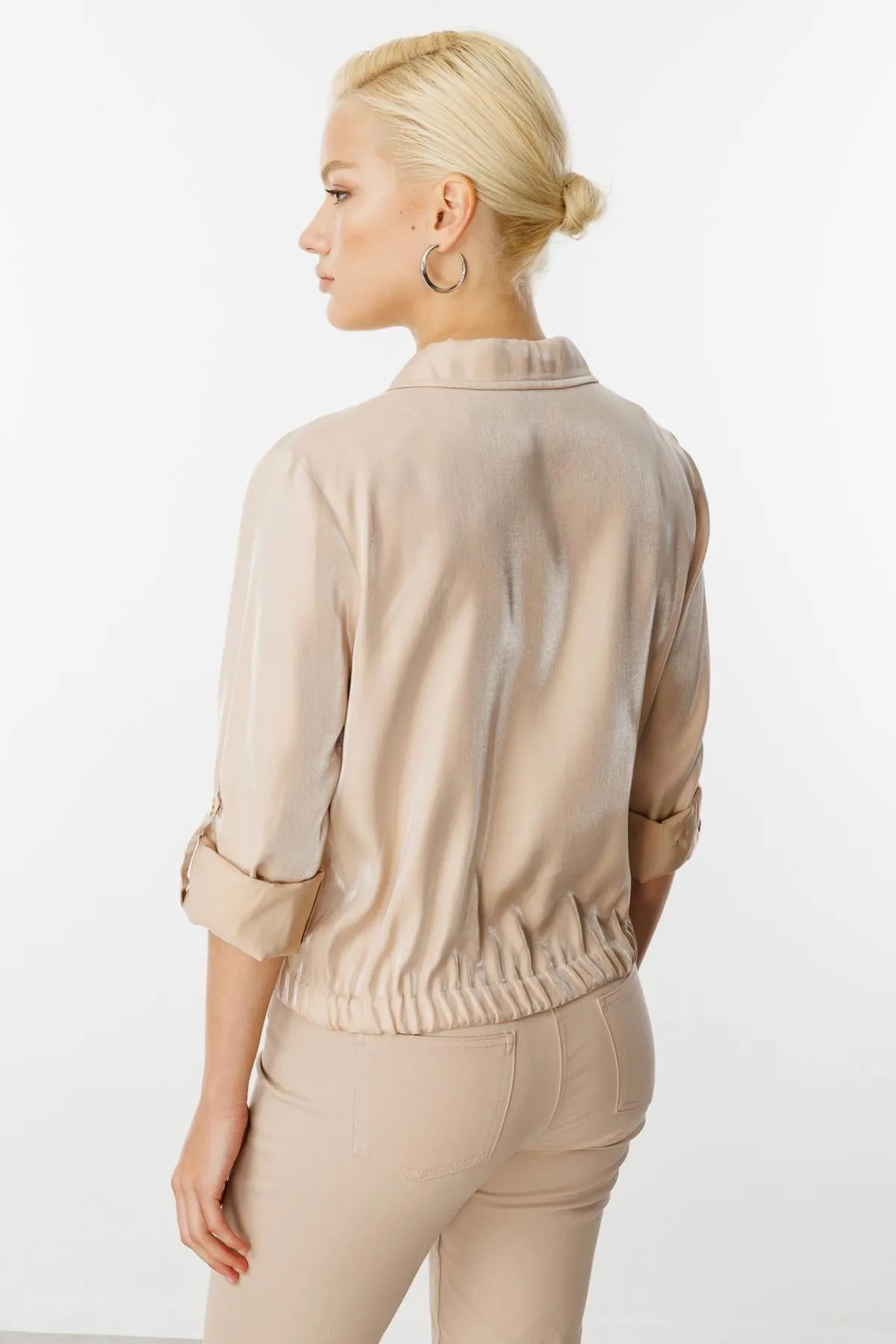 Shiny Fabric Double Pocket Coat with Folded Sleeves