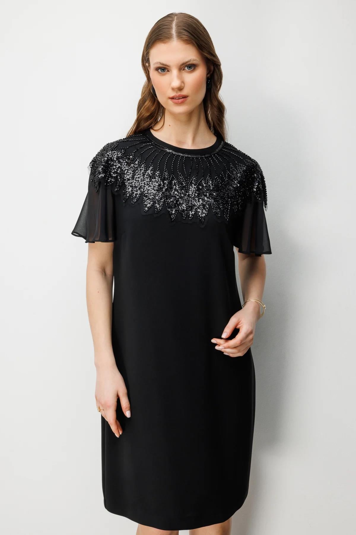 Taş Nakışlı Bolero Görünümlü Kısa Büyük Beden Elbise