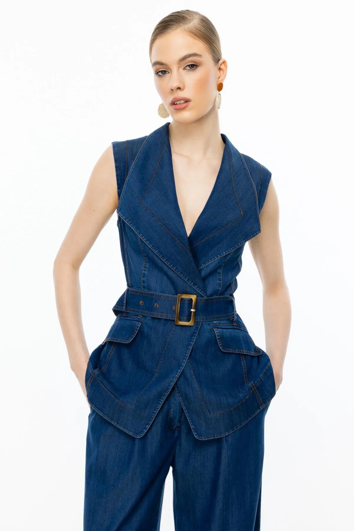 Double Breasted Belted Vest