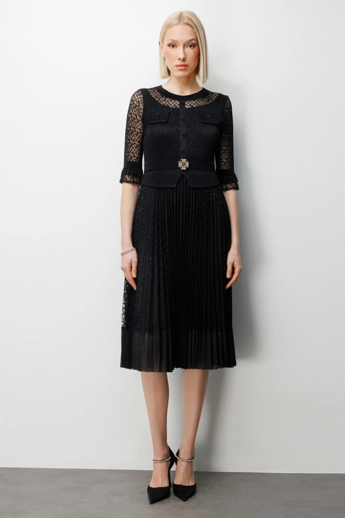 Beaded Detail Lace Midi Dress