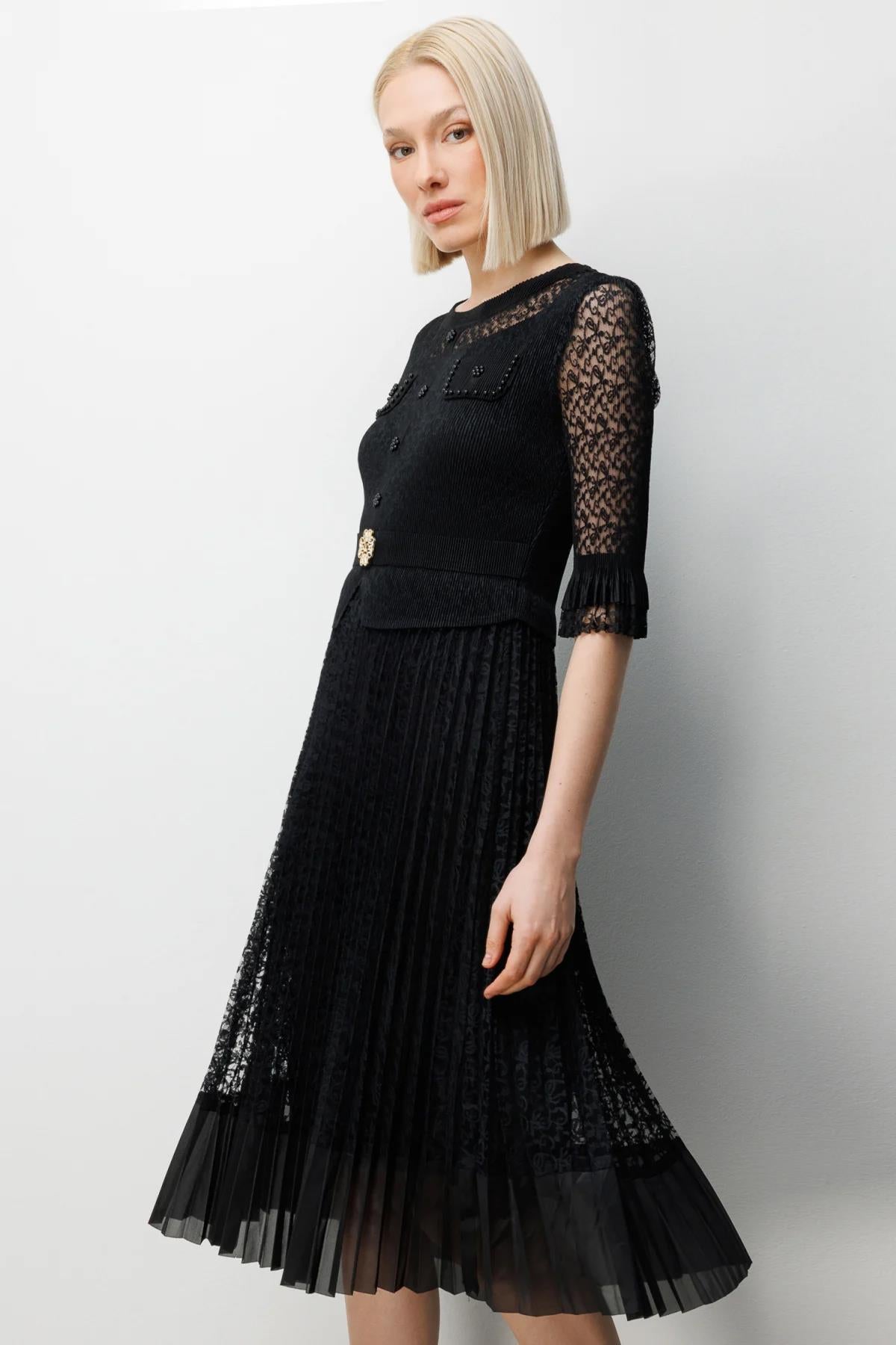 Beaded Detail Lace Midi Dress