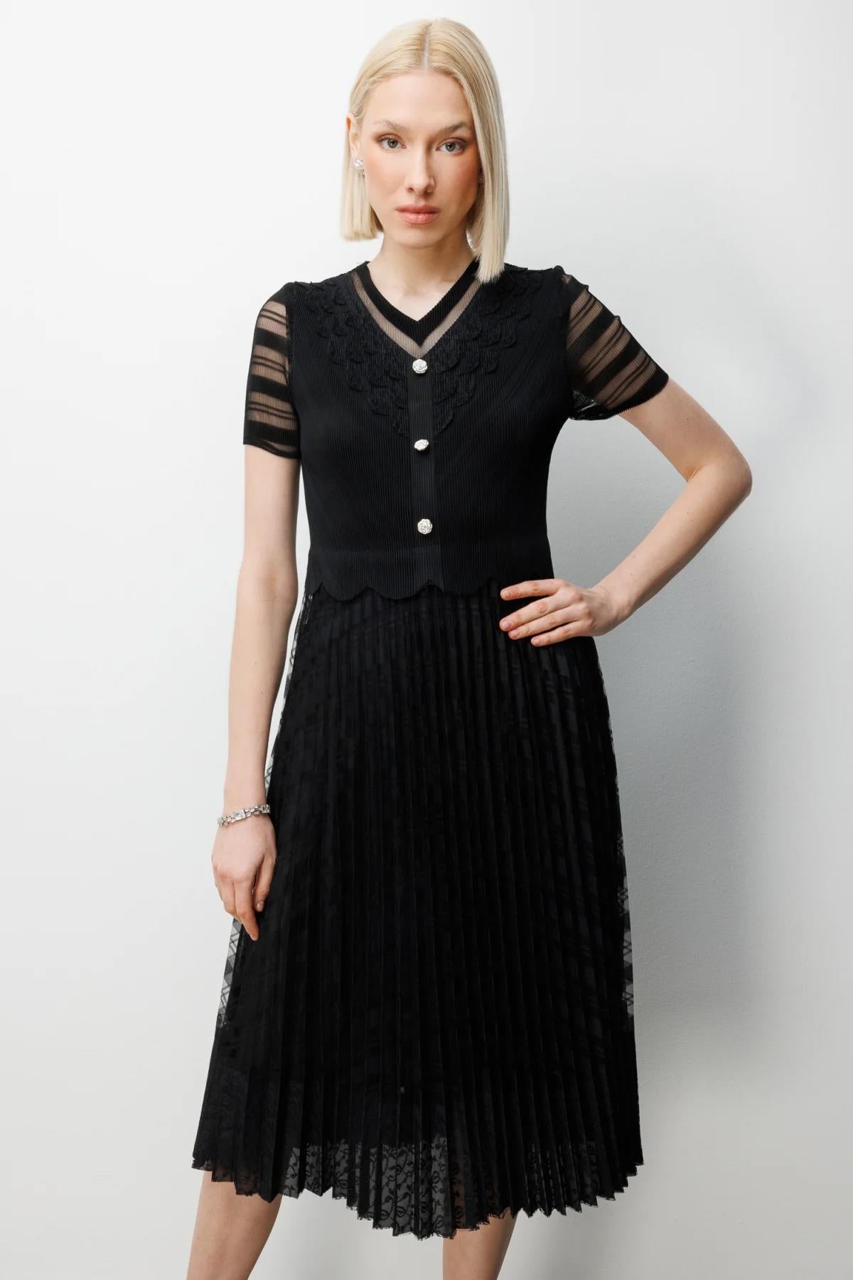 Süs Düğmeli Akordiyon Kumaş Midi Elbise