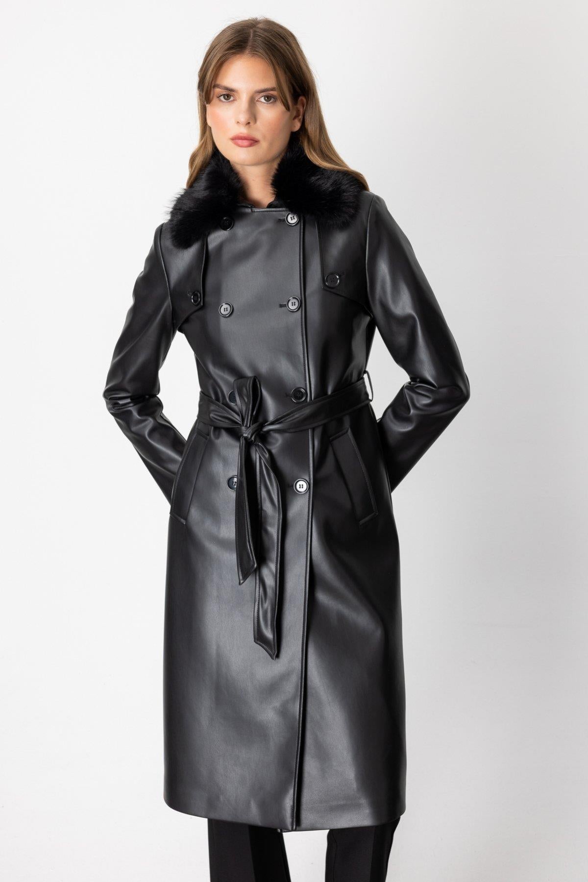 Yakası Kürklü Deri Trençkot