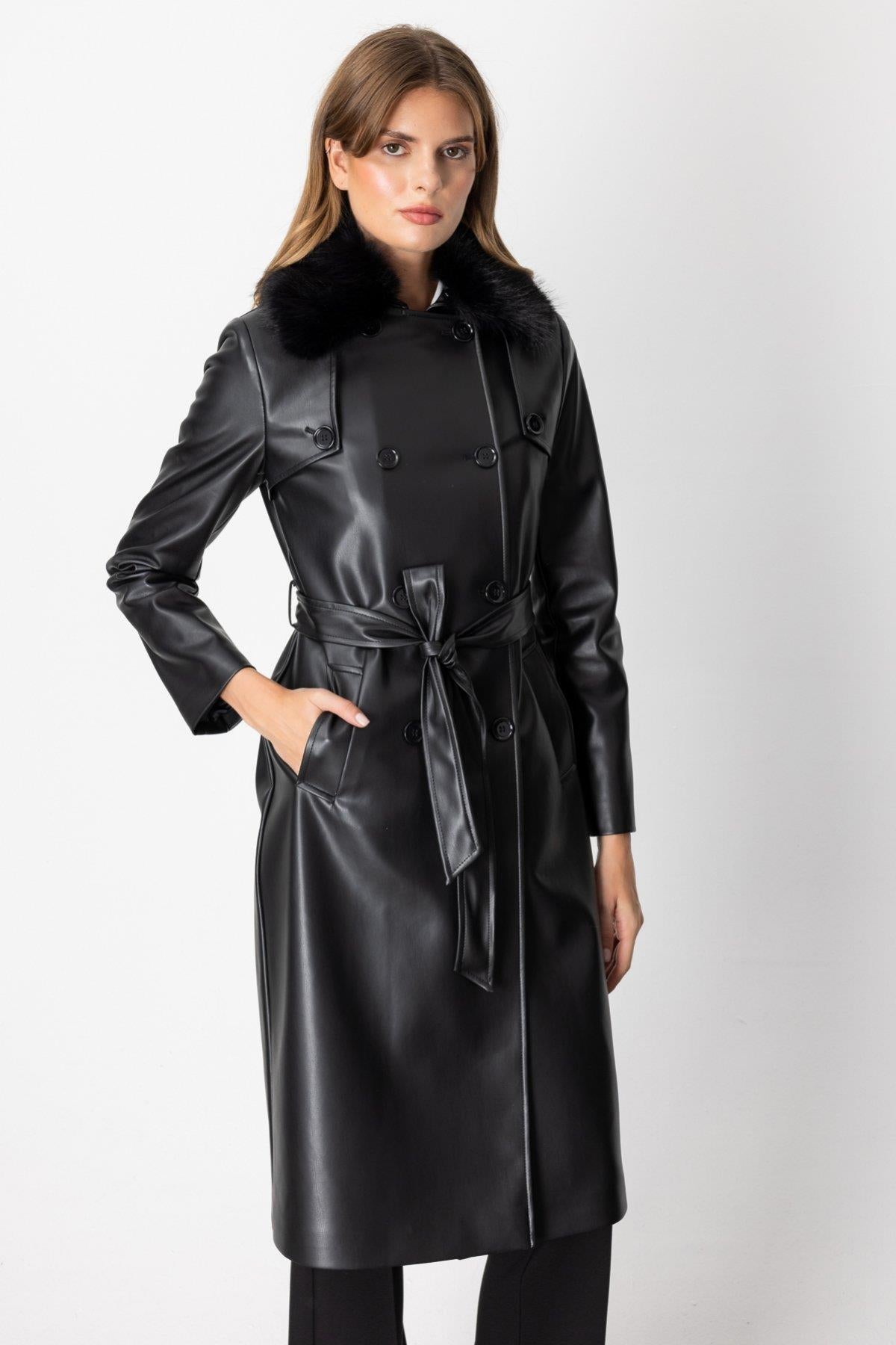 Yakası Kürklü Deri Trençkot