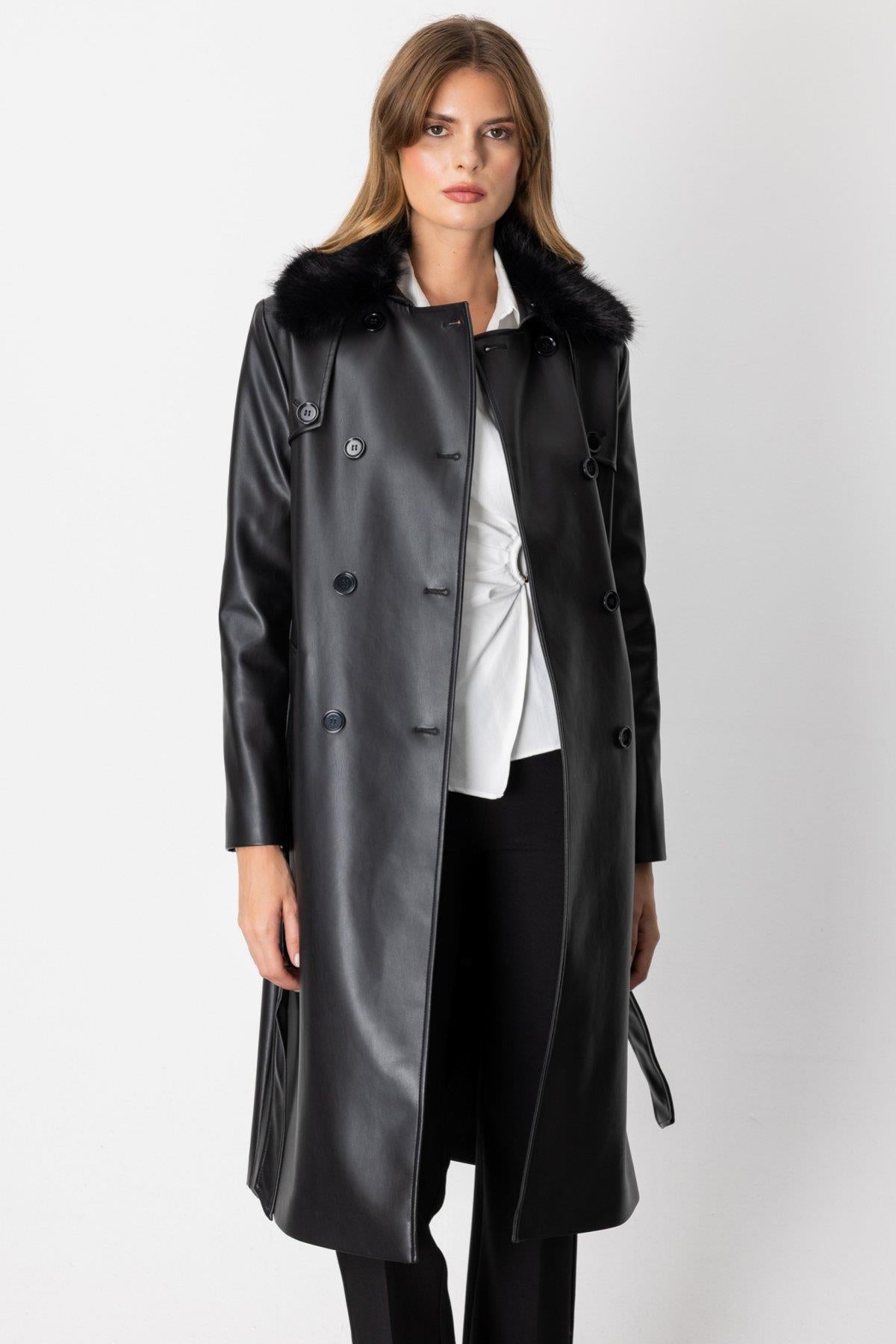 Yakası Kürklü Deri Trençkot