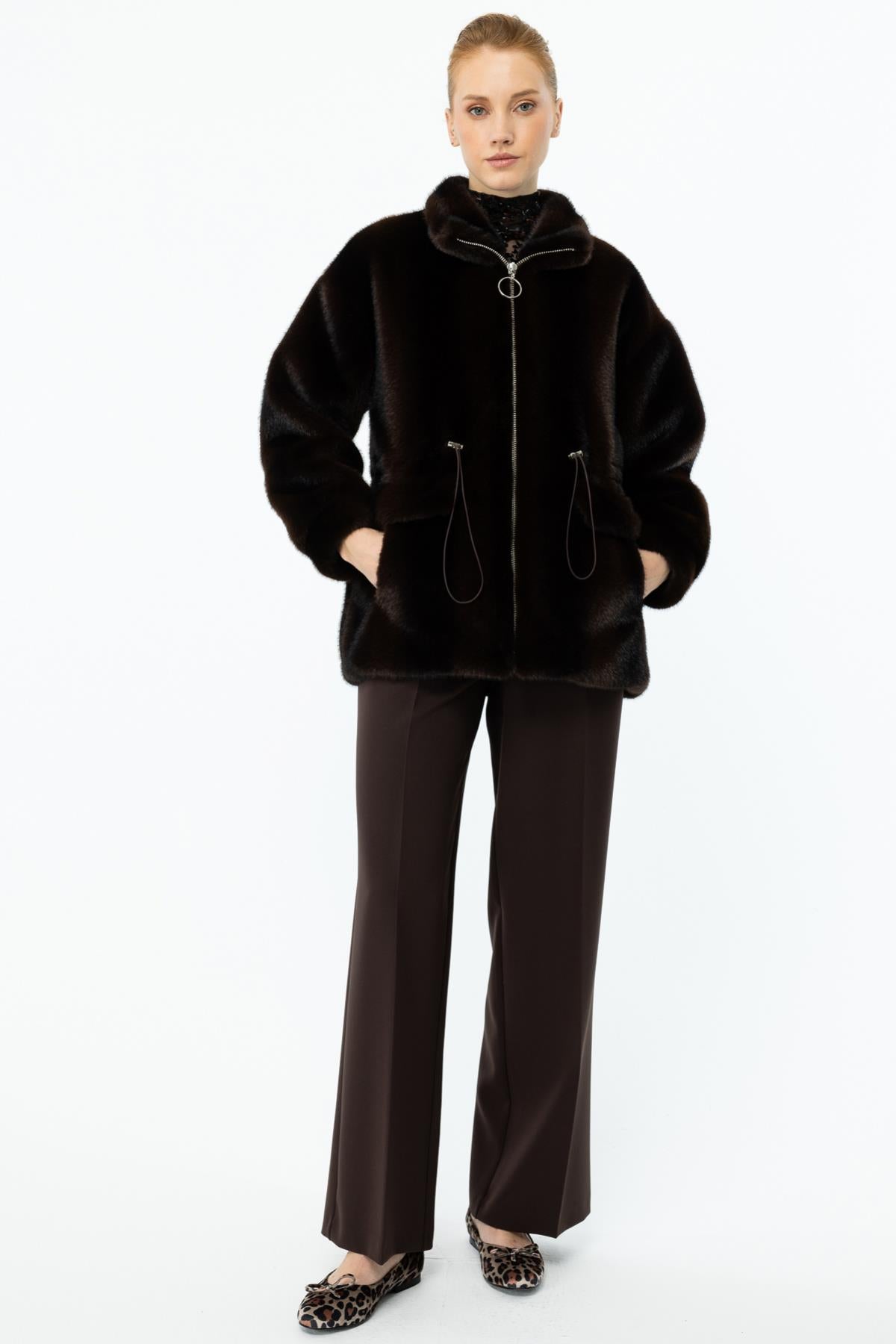 Zippered Flap Pocket Plush Coat
