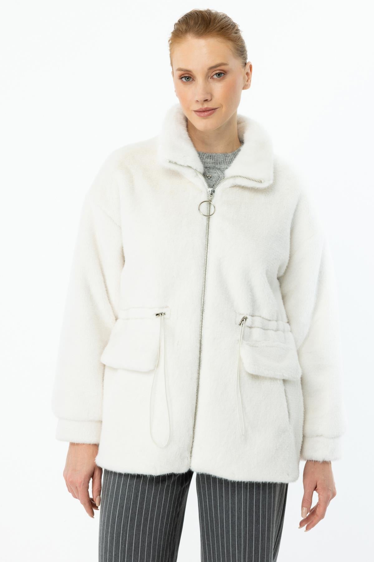 Zippered Flap Pocket Plush Coat