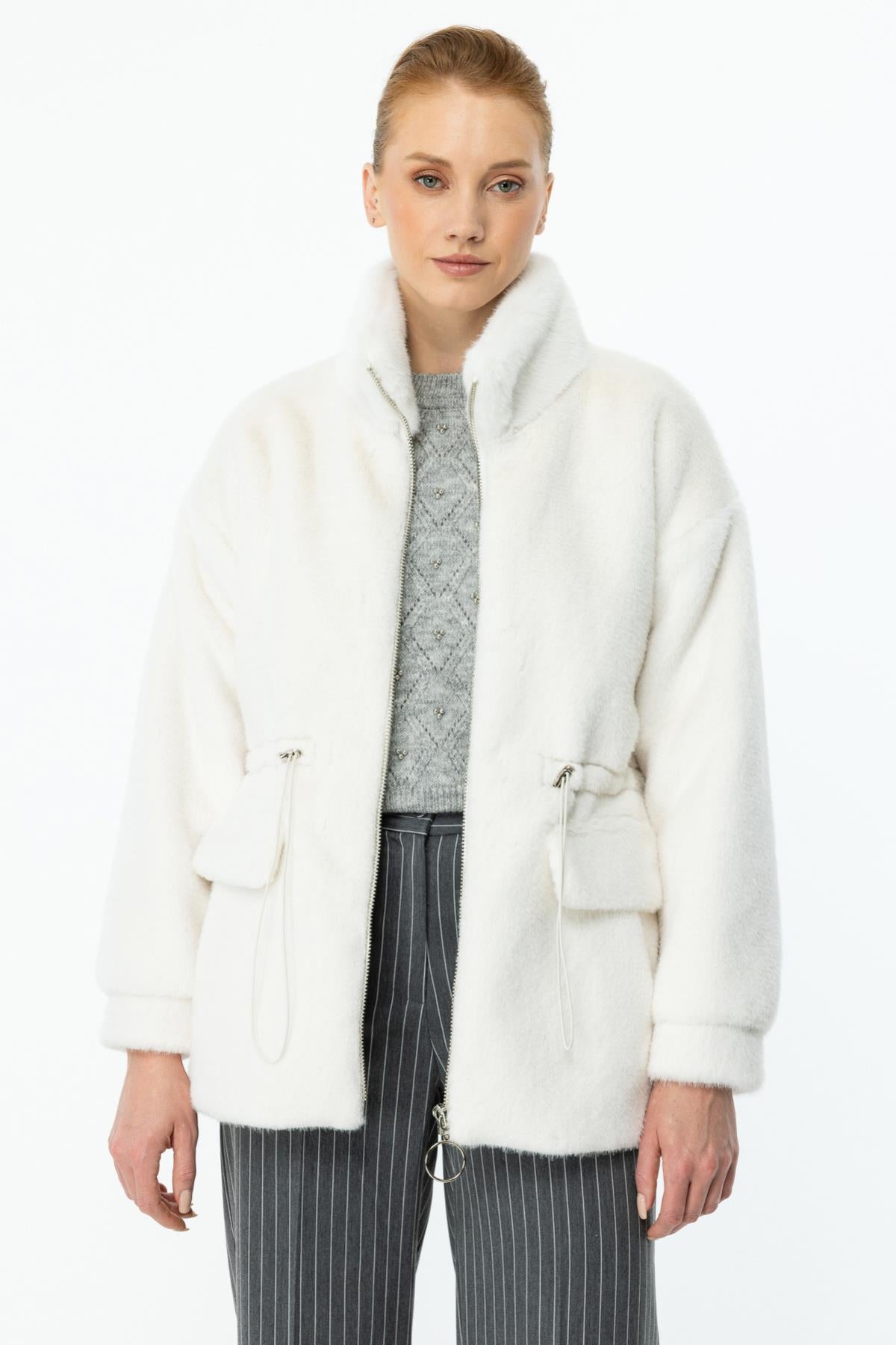 Zippered Flap Pocket Plush Coat