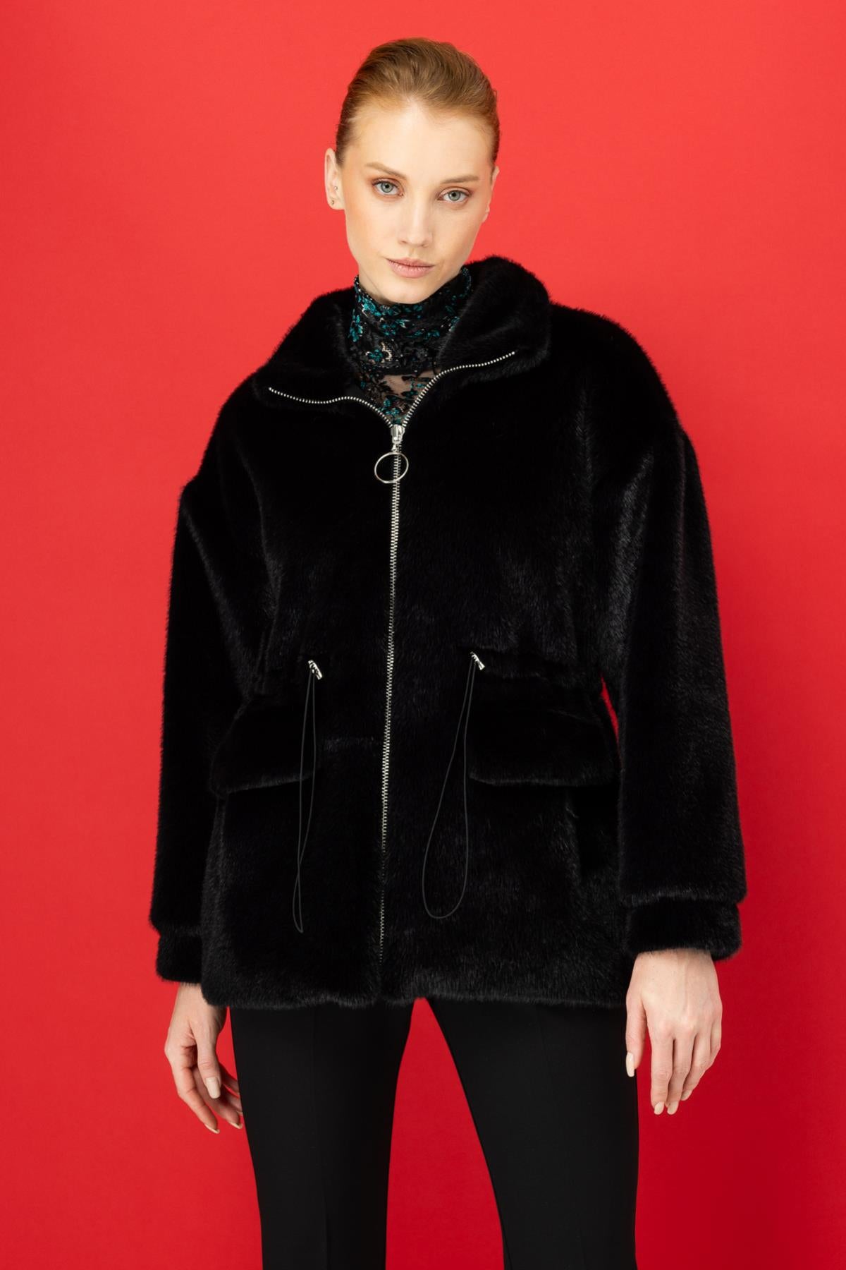 Zippered Flap Pocket Plush Coat