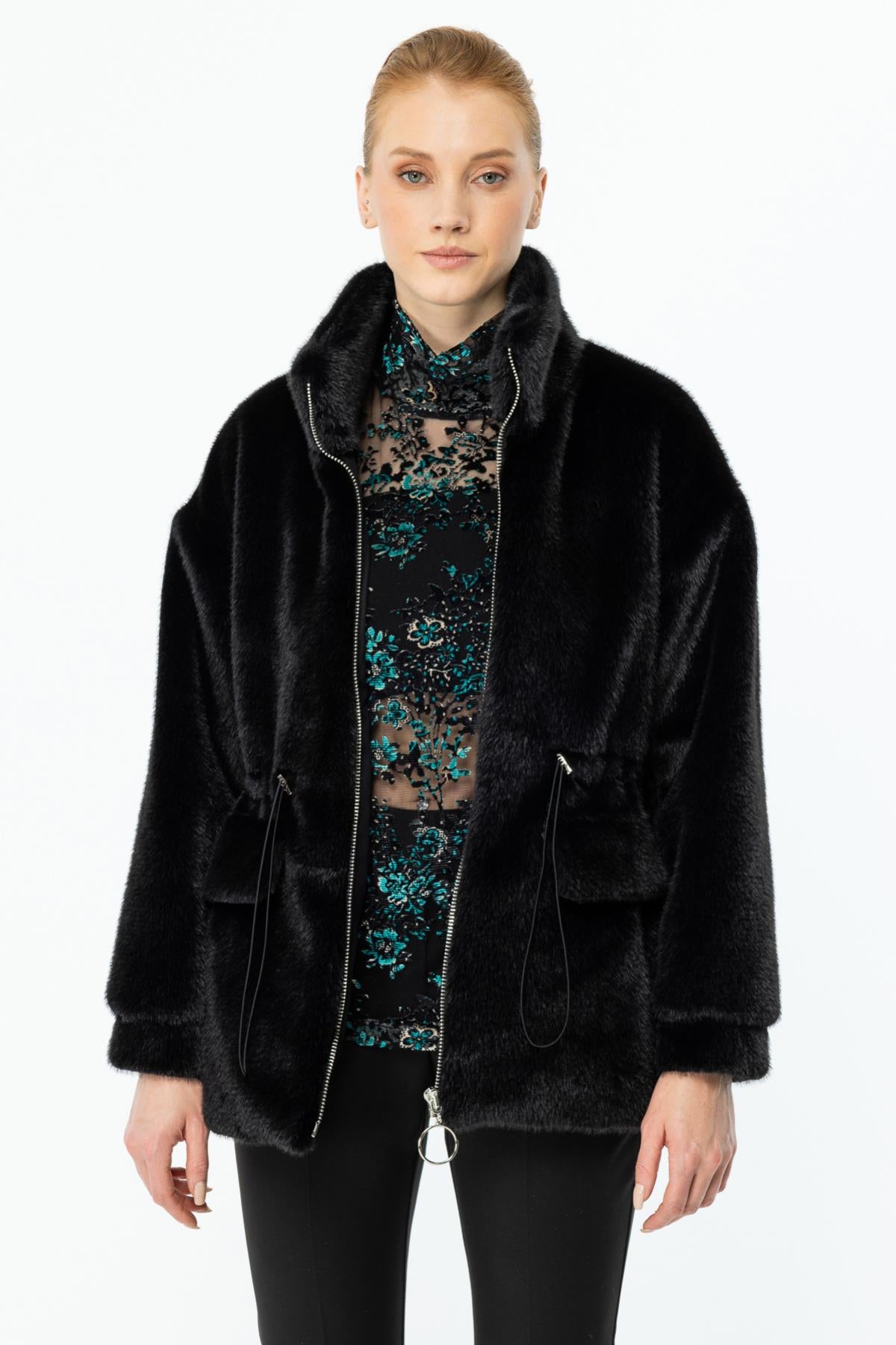 Zippered Flap Pocket Plush Coat