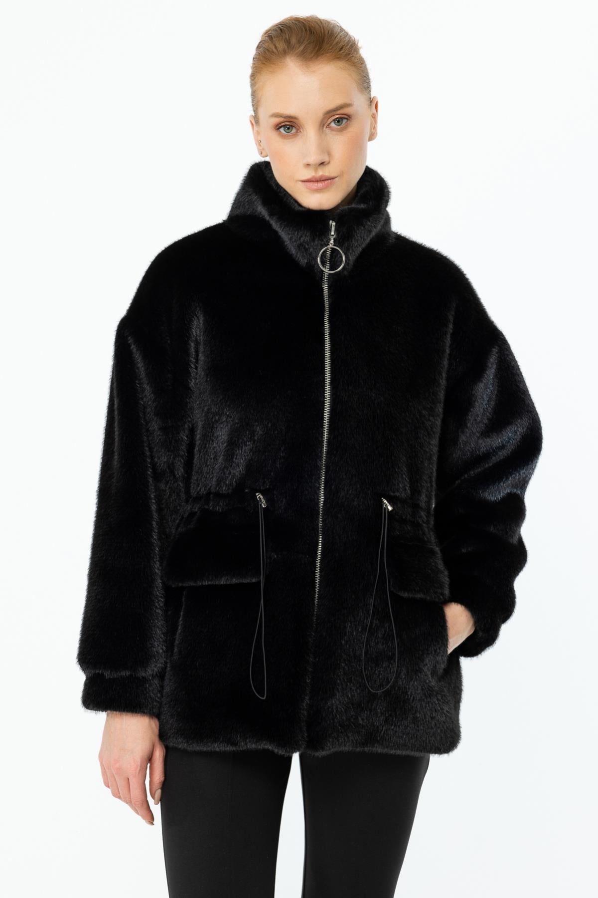 Zippered Flap Pocket Plush Coat