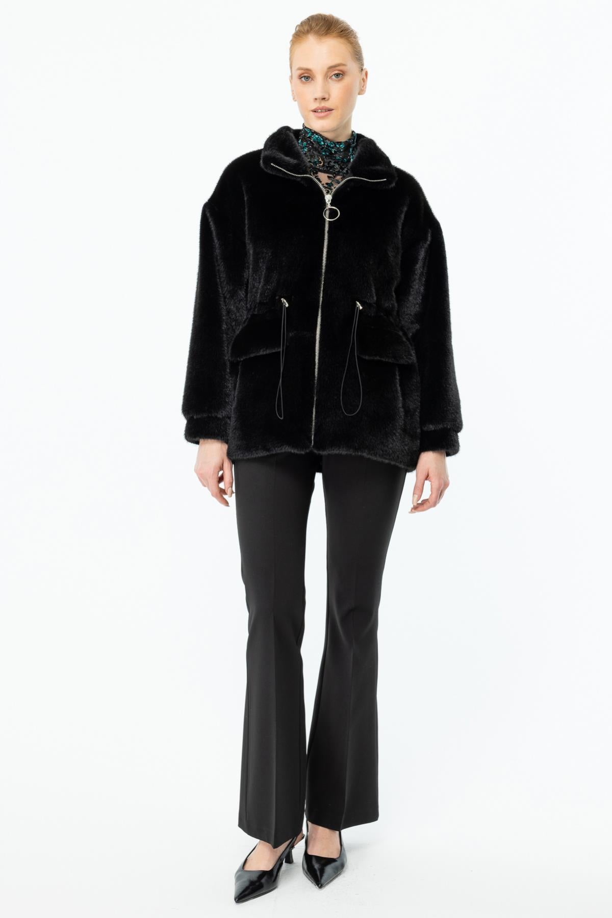 Zippered Flap Pocket Plush Coat