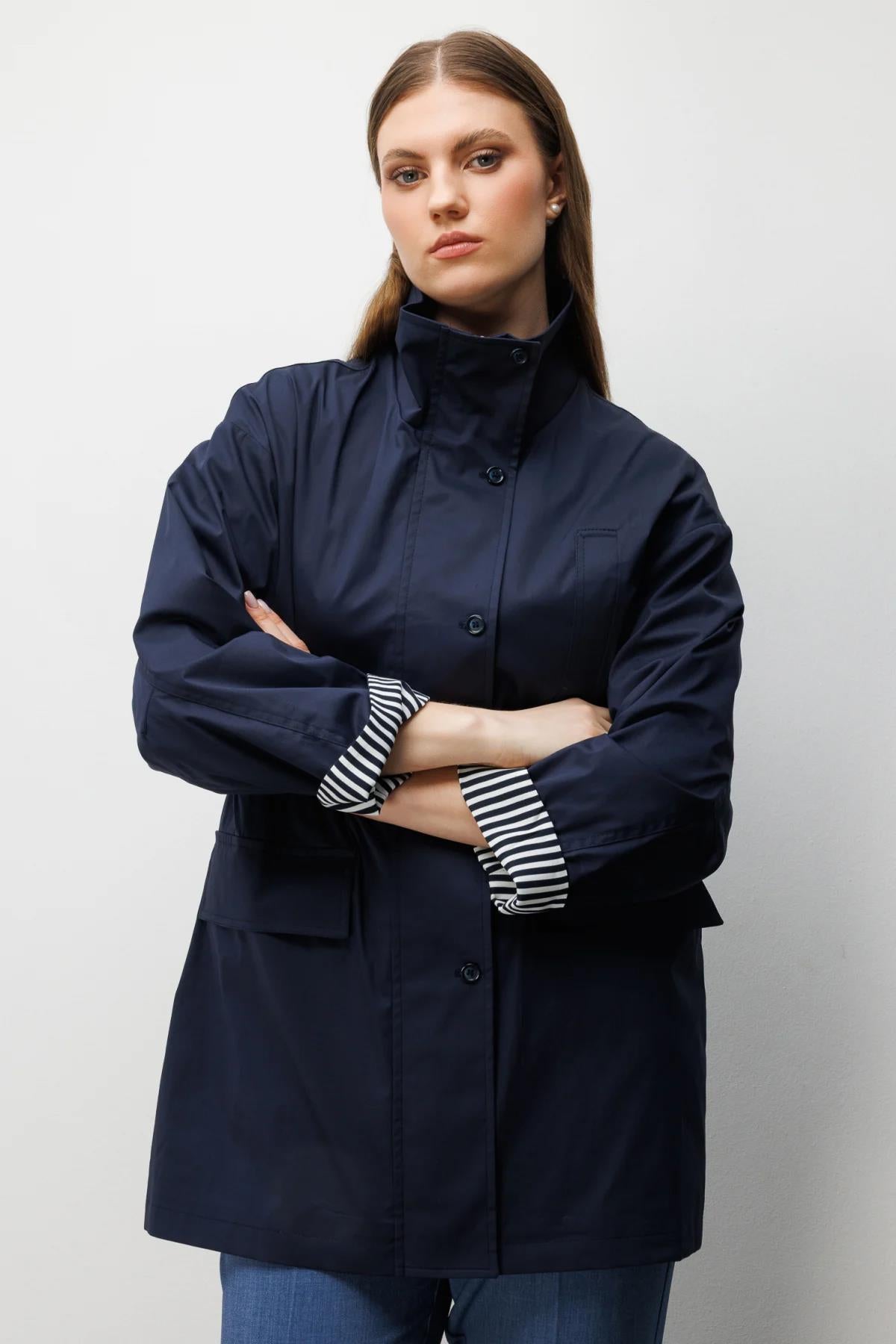 High Neck Fold-Up Sleeve Plus Size Coat