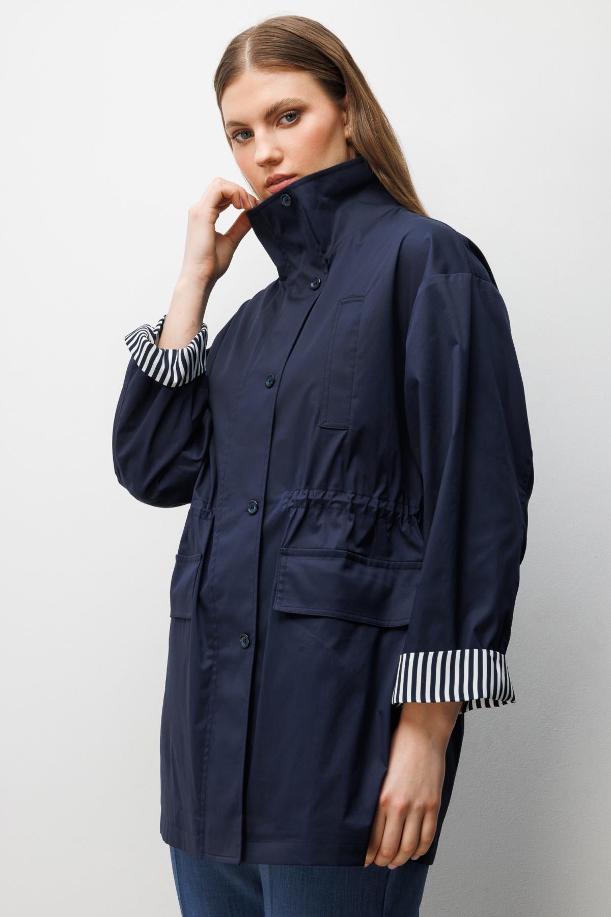High Neck Fold-Up Sleeve Plus Size Coat