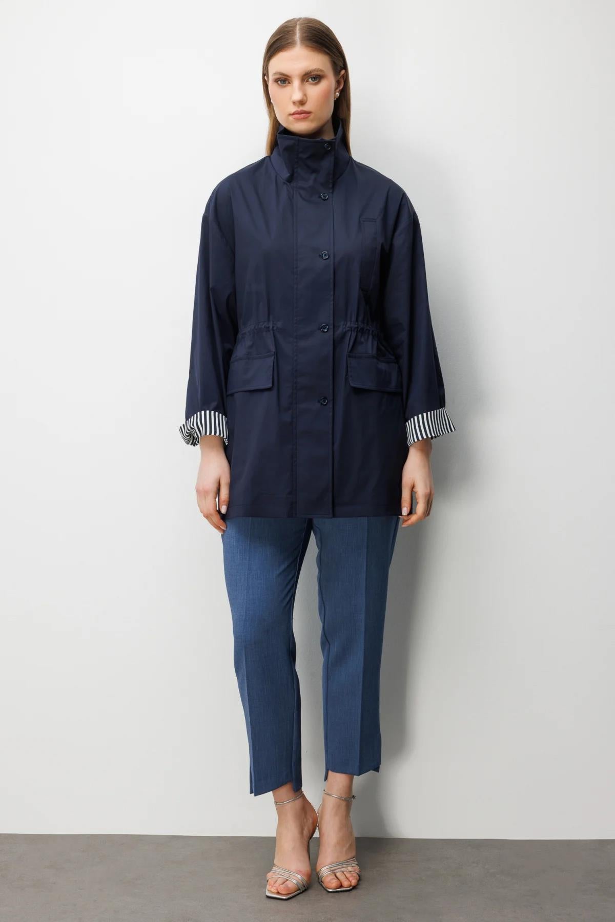 High Neck Fold-Up Sleeve Plus Size Coat