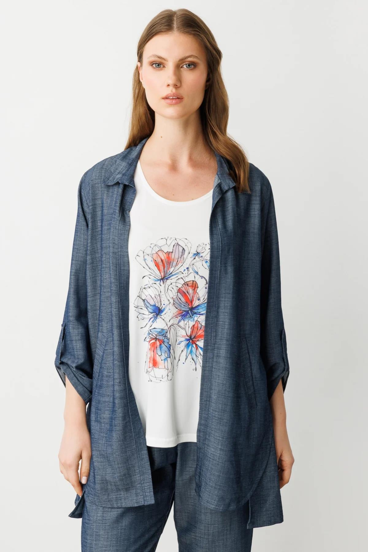 Sleeve Fold Detail Inside Plus Size Denim Shirt