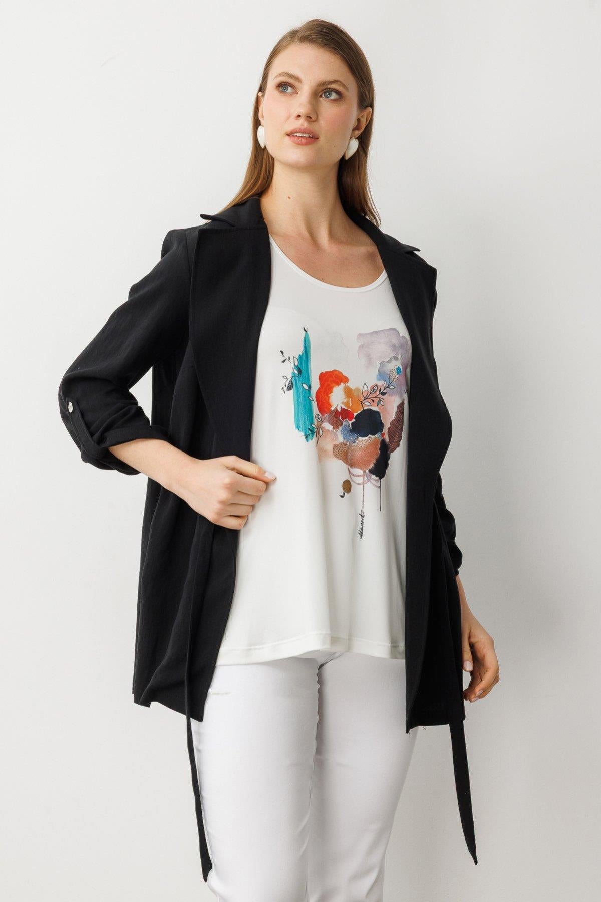 Tied Waist Jacket and Blouse Plus Size Suit