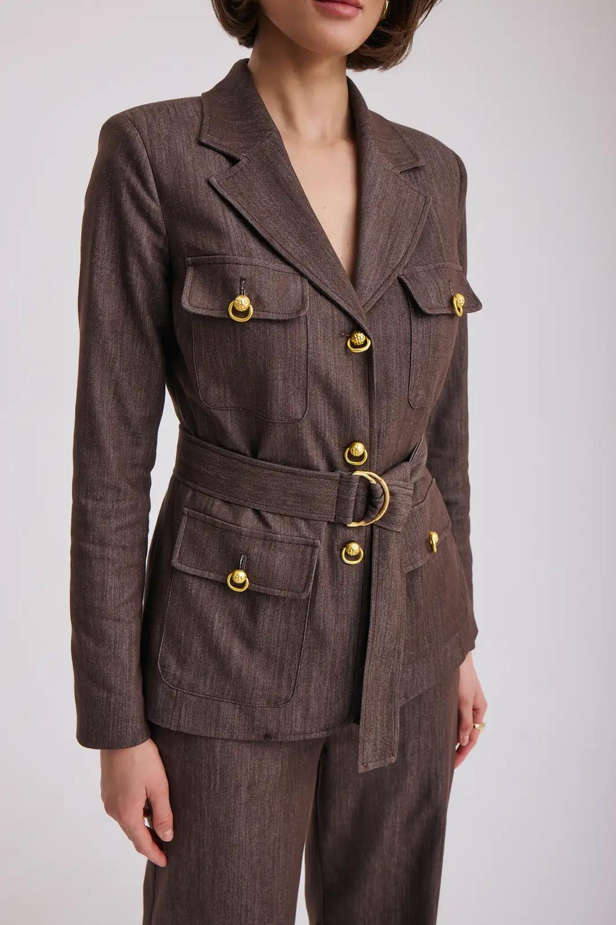 Gold Düğmeli Denim Görünümlü Takım
