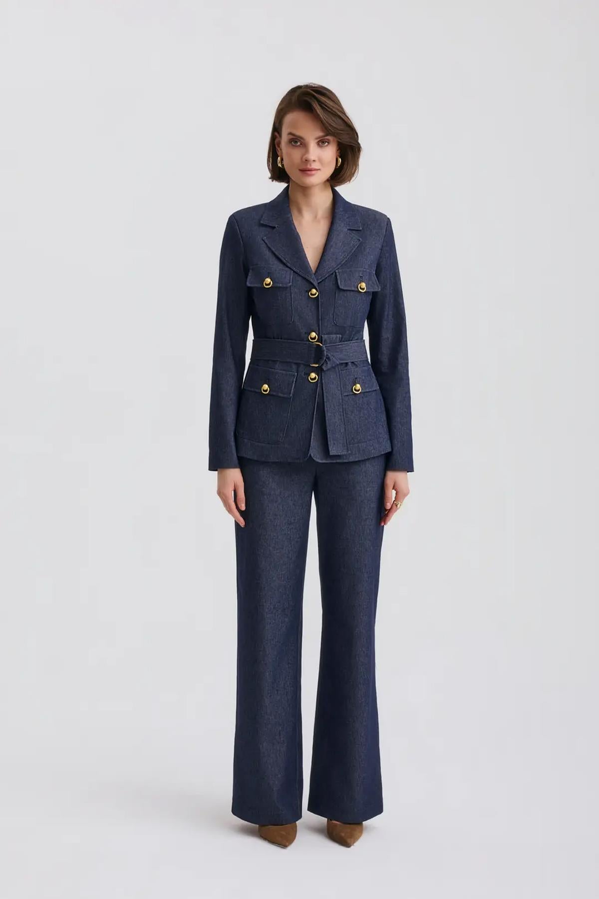 Gold Düğmeli Denim Görünümlü Takım