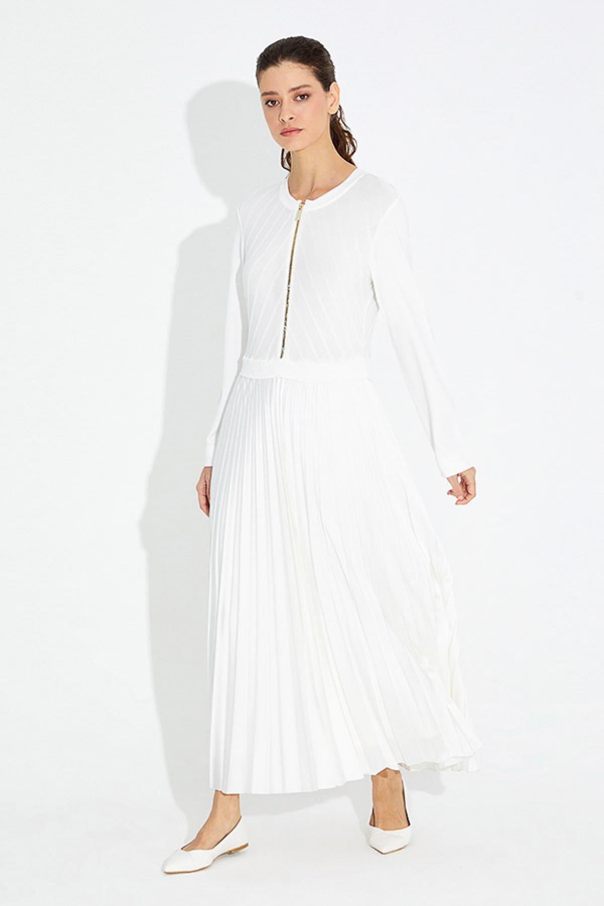 Eteği Saten Piliseli Triko Elbise - Eser Giyim