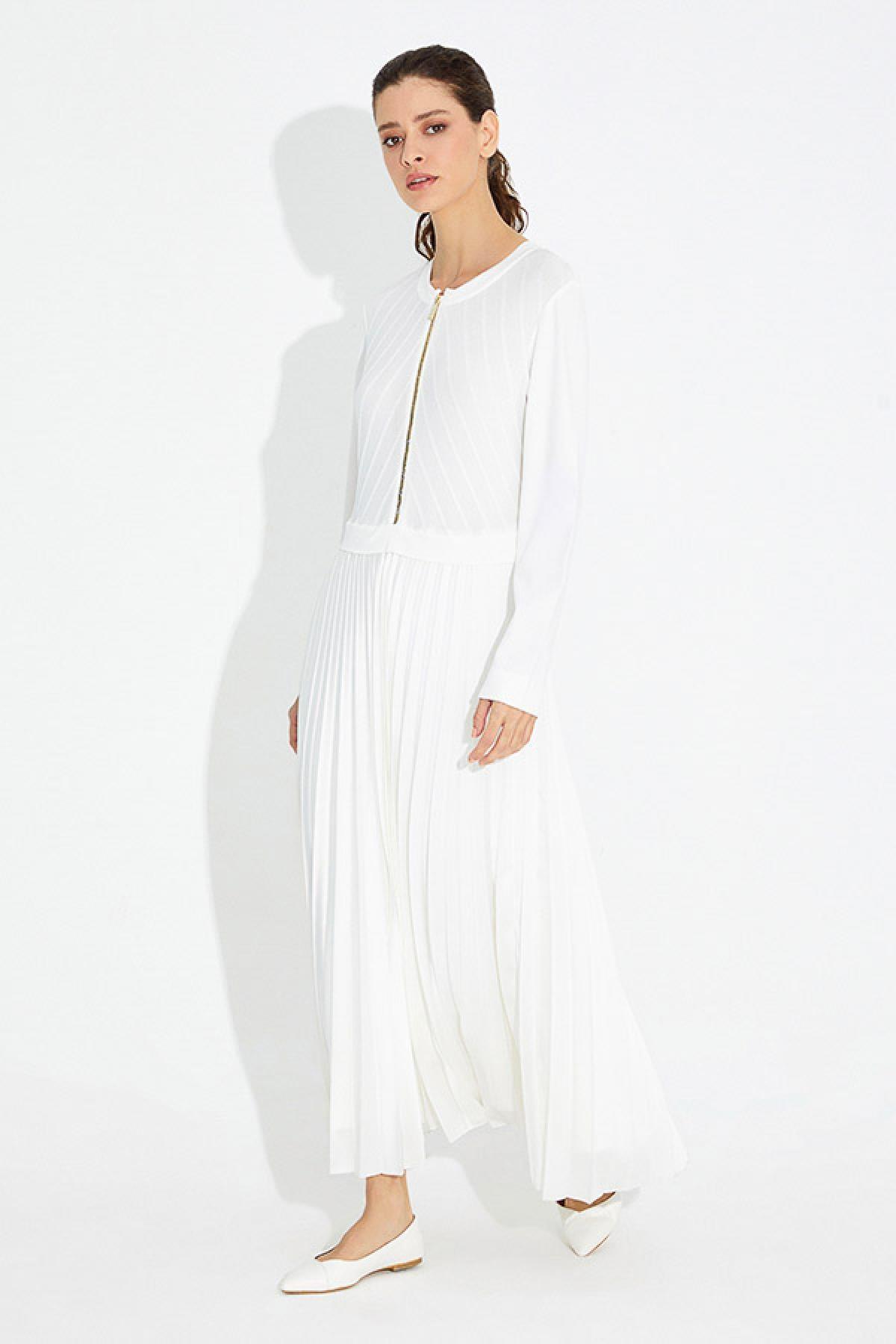 Eteği Saten Piliseli Triko Elbise - Eser Giyim