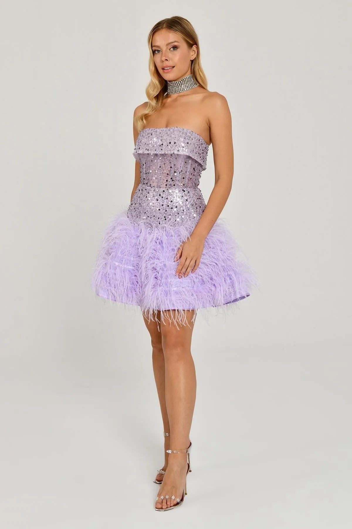 Etek Ucu Otrişli Payetli Mini Abiye Elbise