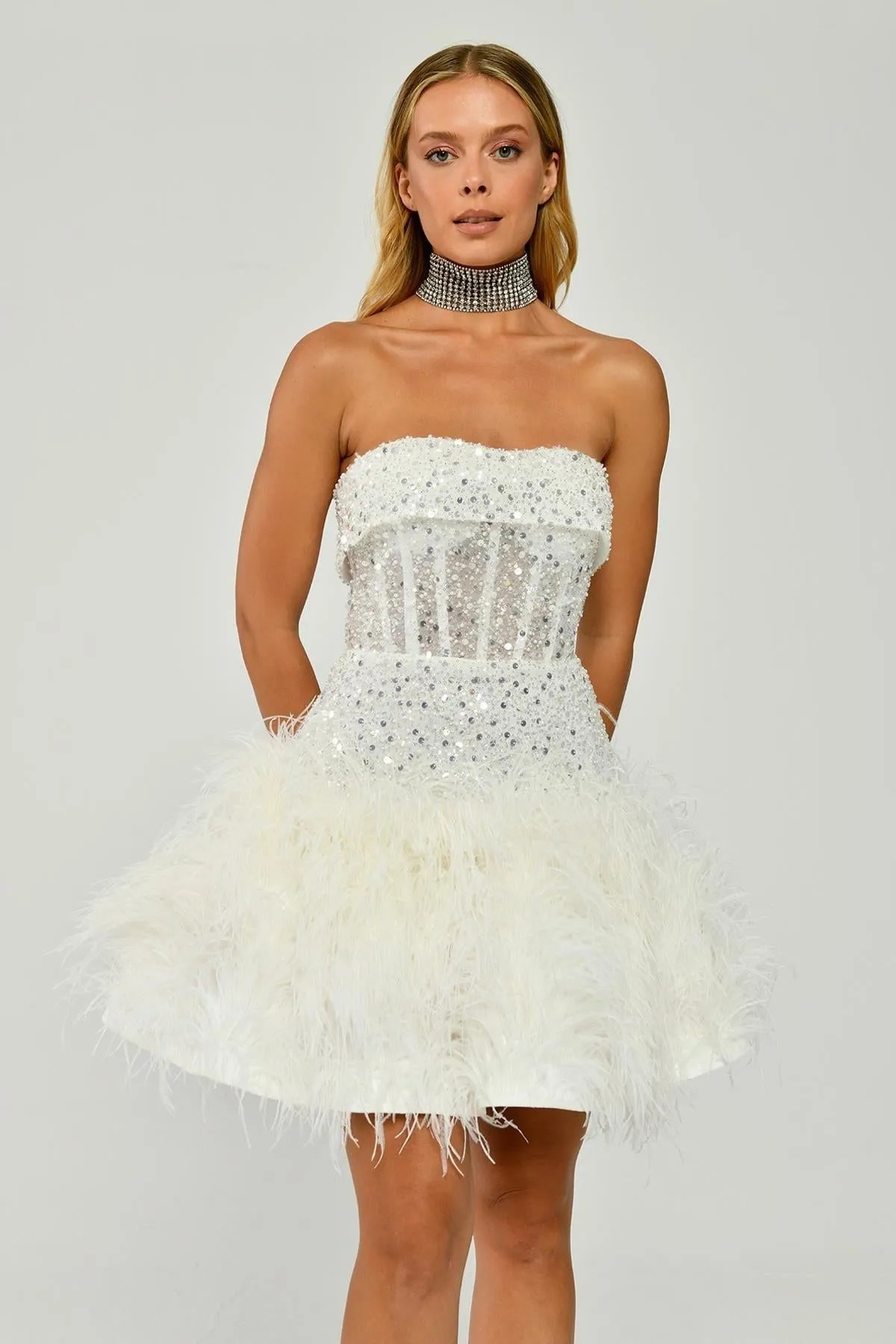 Etek Ucu Otrişli Payetli Mini Abiye Elbise