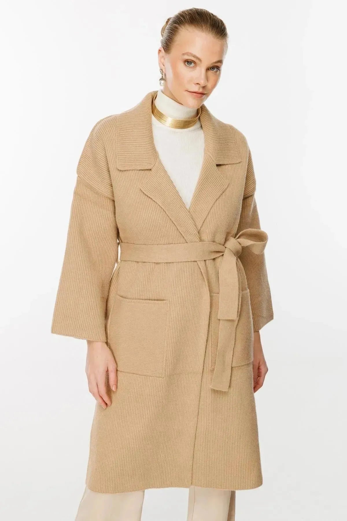 Belted Waist Knitted Long Cardigan