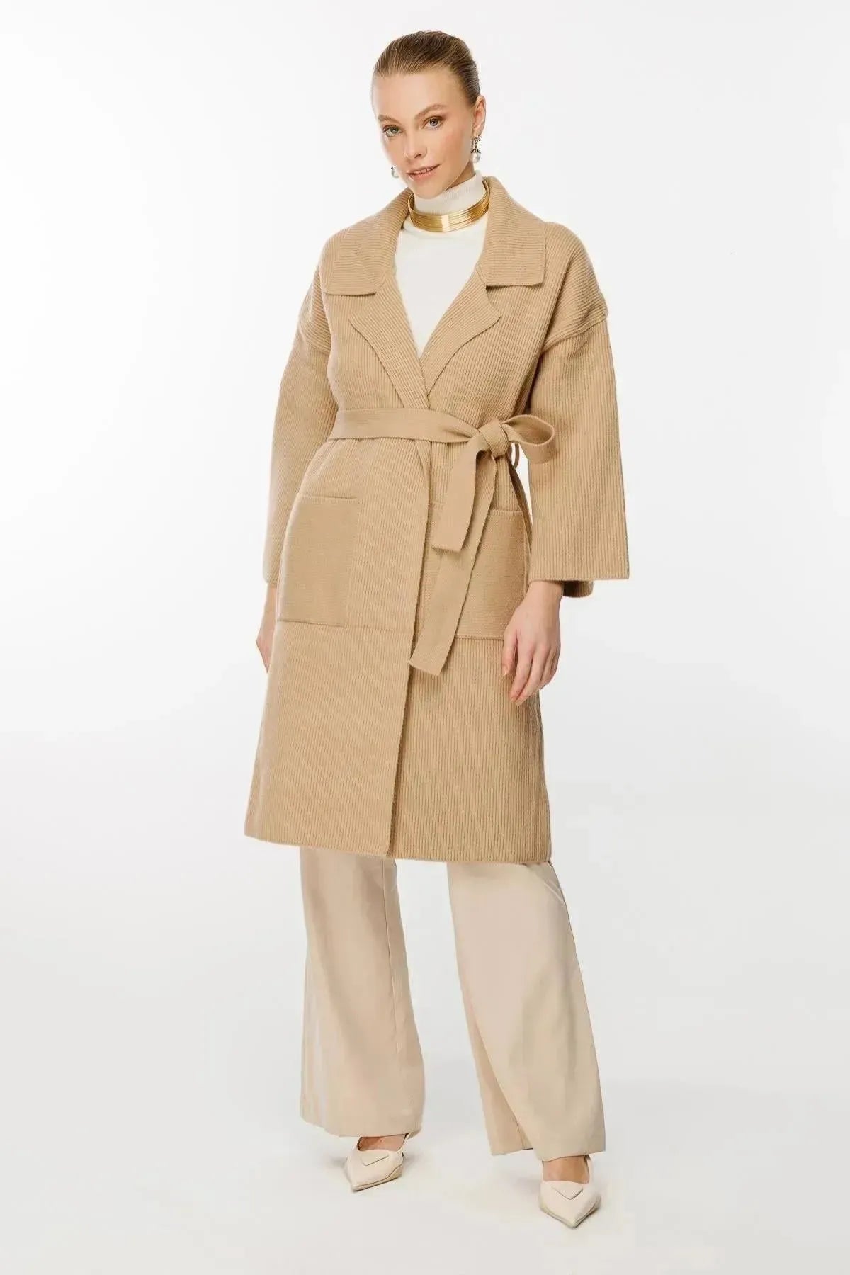 Belted Waist Knitted Long Cardigan