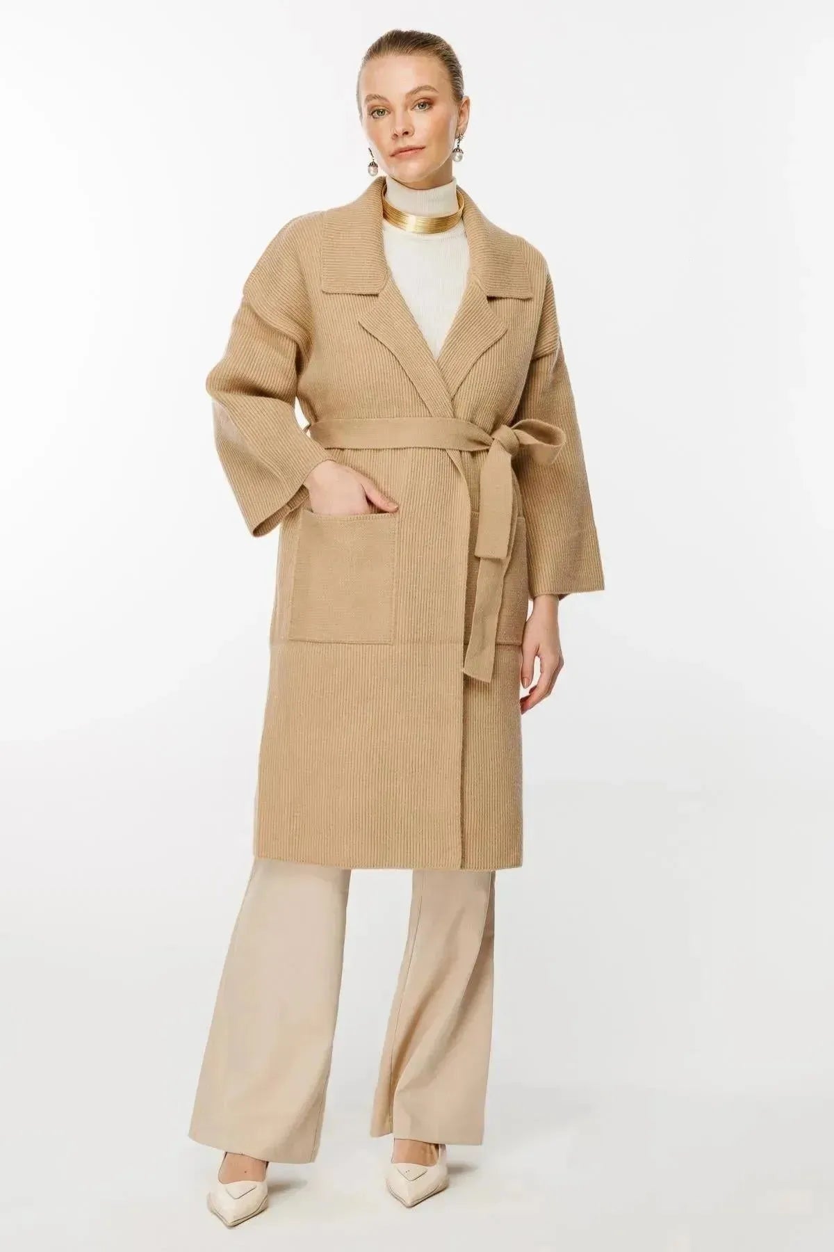 Belted Waist Knitted Long Cardigan