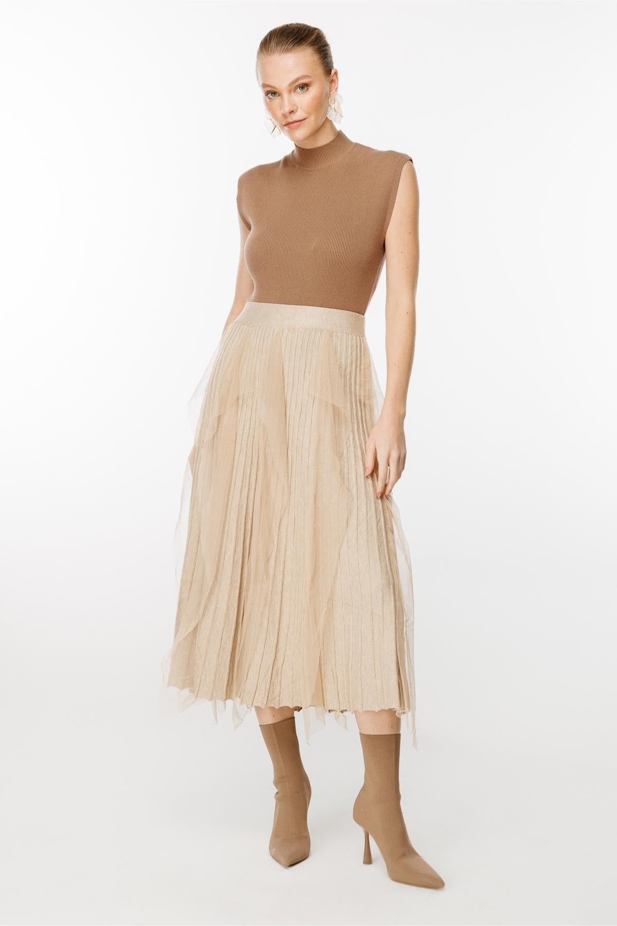 Tulle Ruffle Pleated Knit Skirt