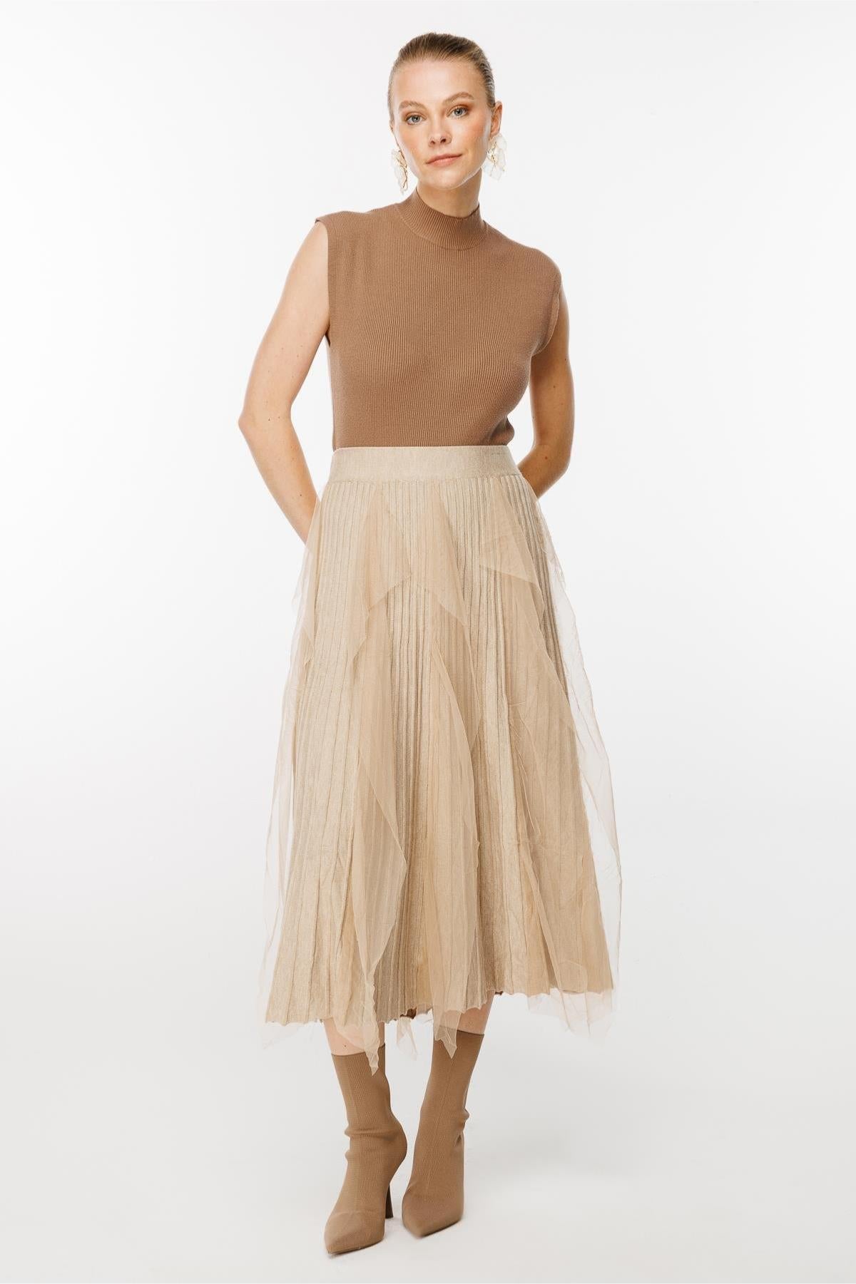 Tulle Ruffle Pleated Knit Skirt