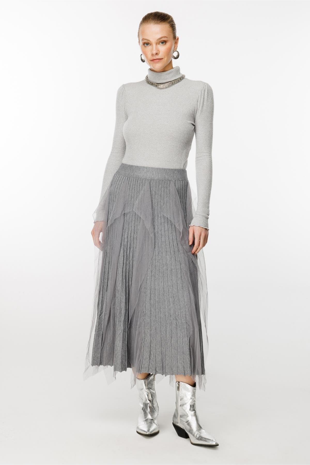 Tulle Ruffle Pleated Knit Skirt