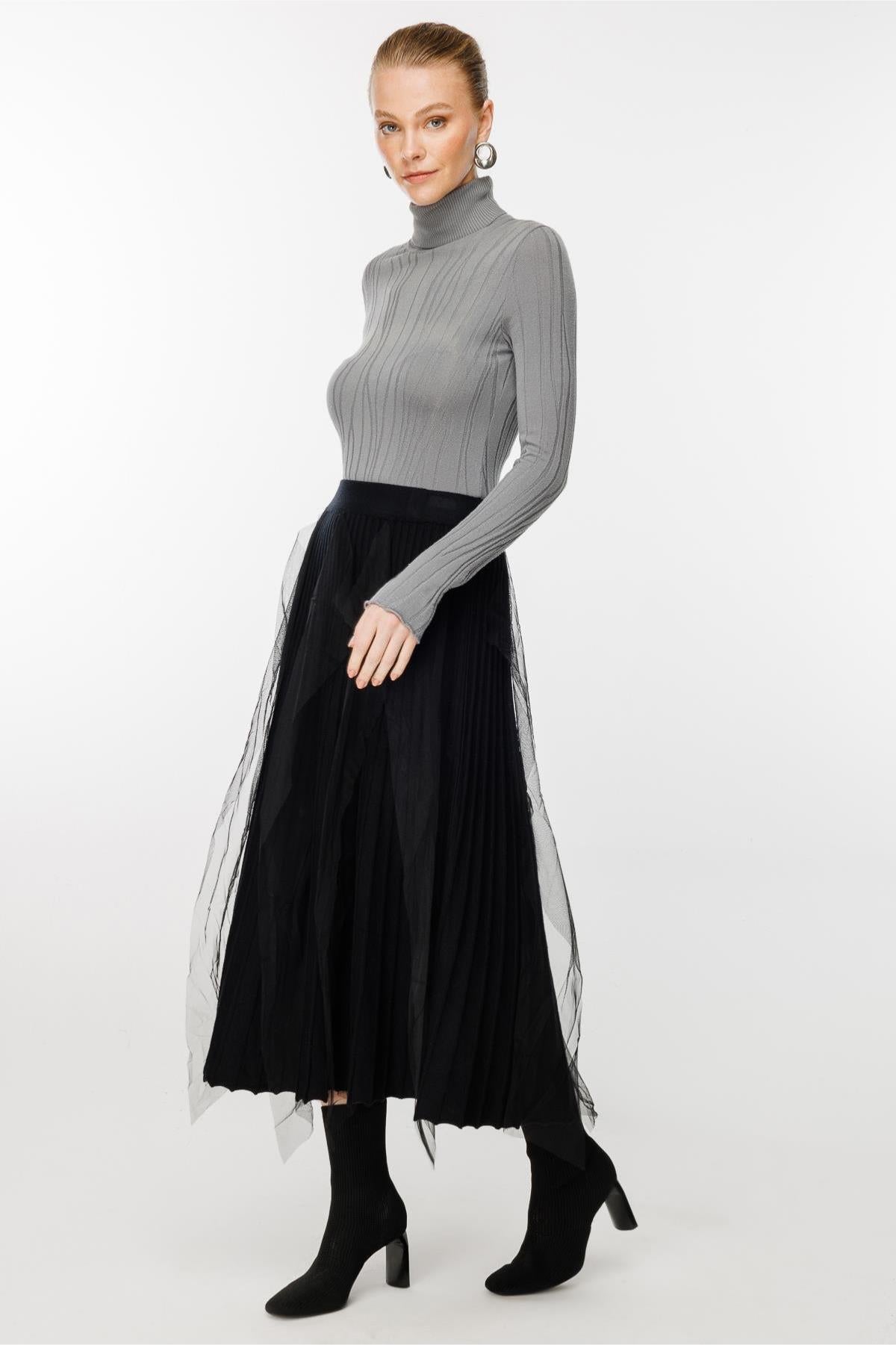Tulle Ruffle Pleated Knit Skirt