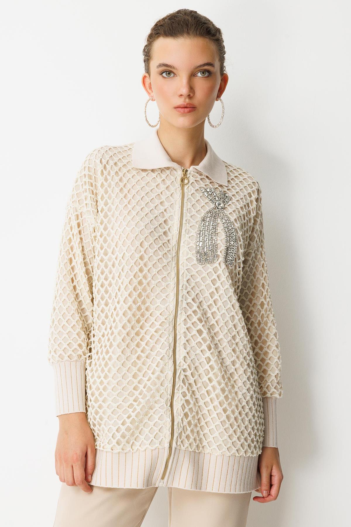 Aksesuar Detaylı Fermuarlı File Hırka