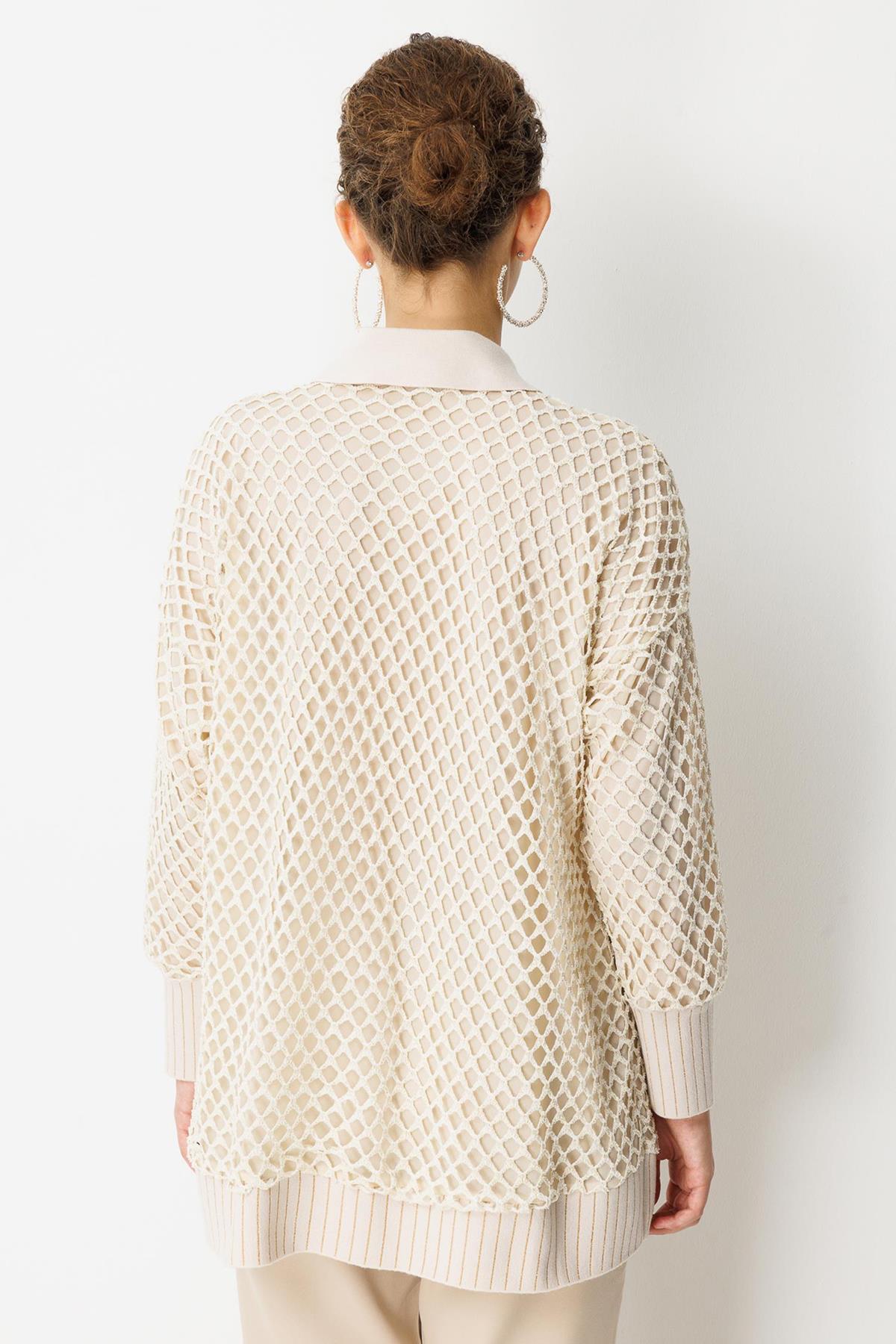 Aksesuar Detaylı Fermuarlı File Hırka