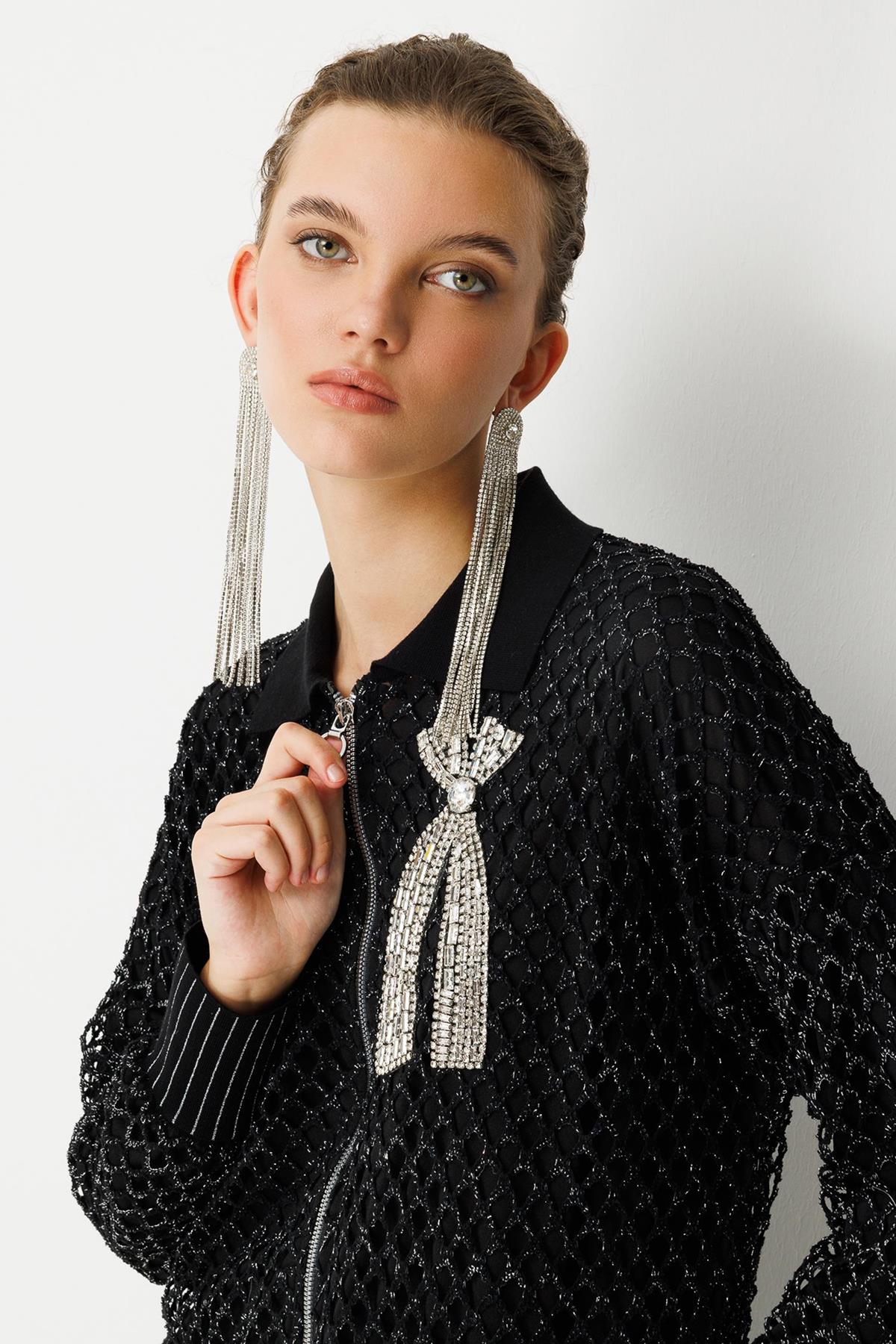 Aksesuar Detaylı Fermuarlı File Hırka