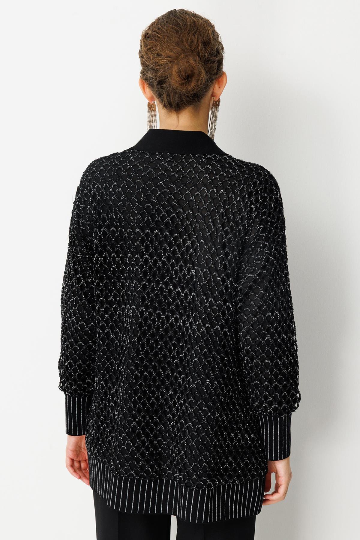 Aksesuar Detaylı Fermuarlı File Hırka