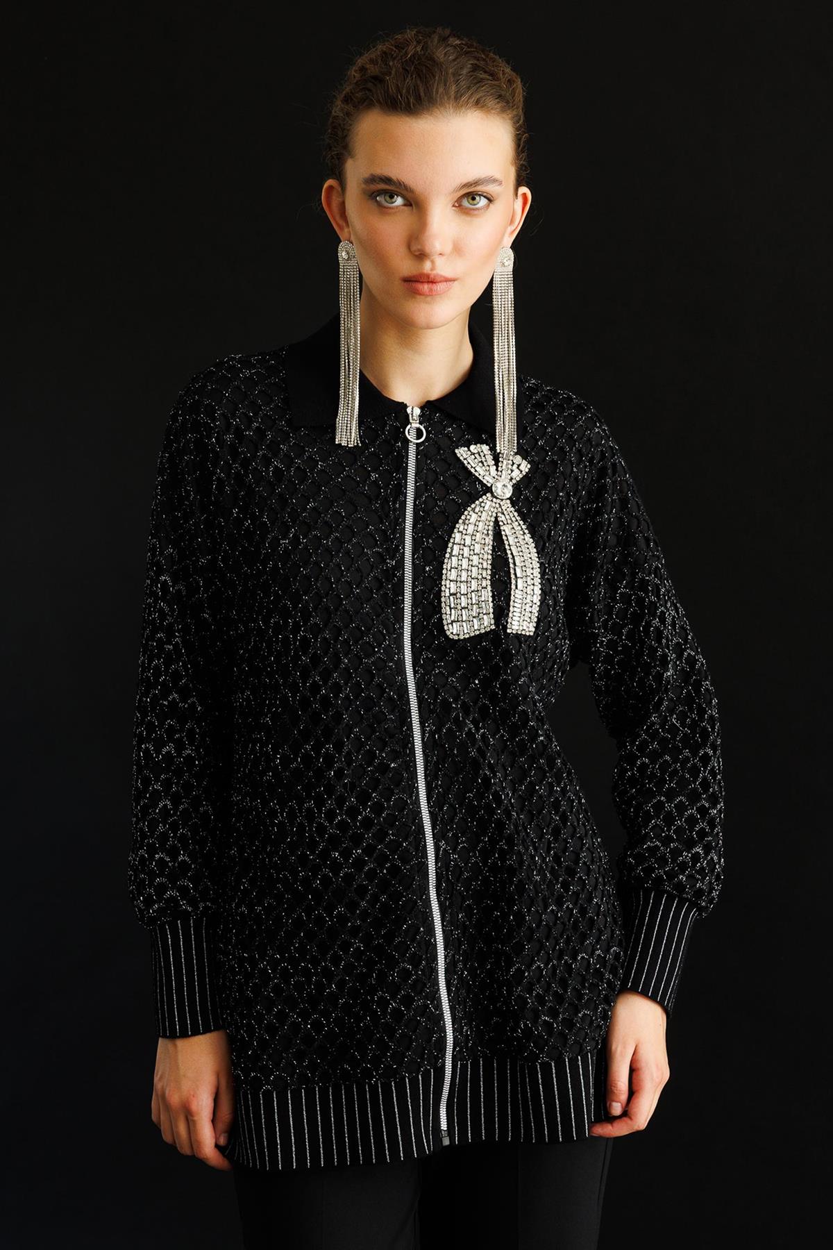 Aksesuar Detaylı Fermuarlı File Hırka