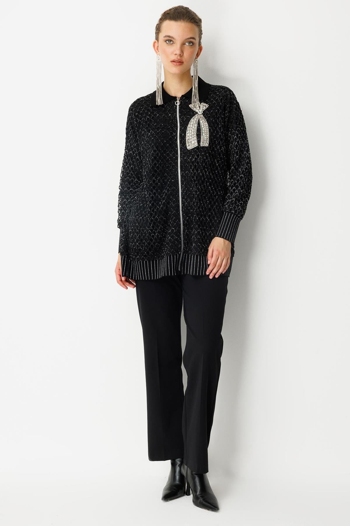 Aksesuar Detaylı Fermuarlı File Hırka