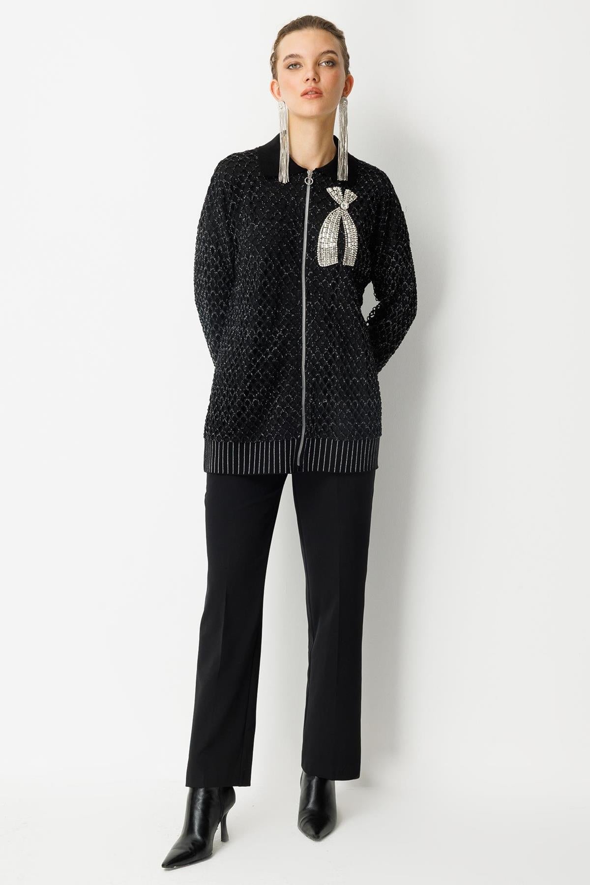 Aksesuar Detaylı Fermuarlı File Hırka